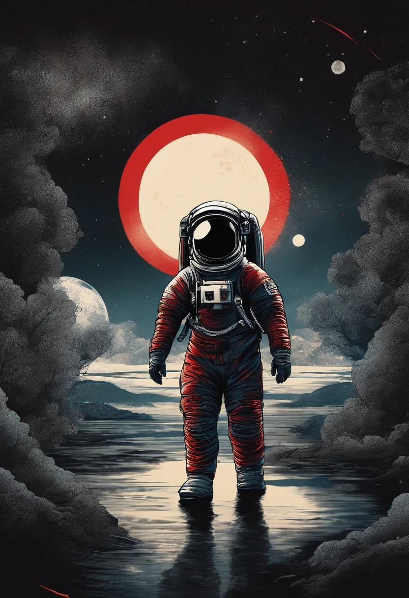 A detailed illustration muted chinese ink painting, muted colors, rice paper texture, splash paint, halo astronaut, one red sun. Venus. Space. Clouds wet to wet techniques. cvibrant vector. using Cinema 4D