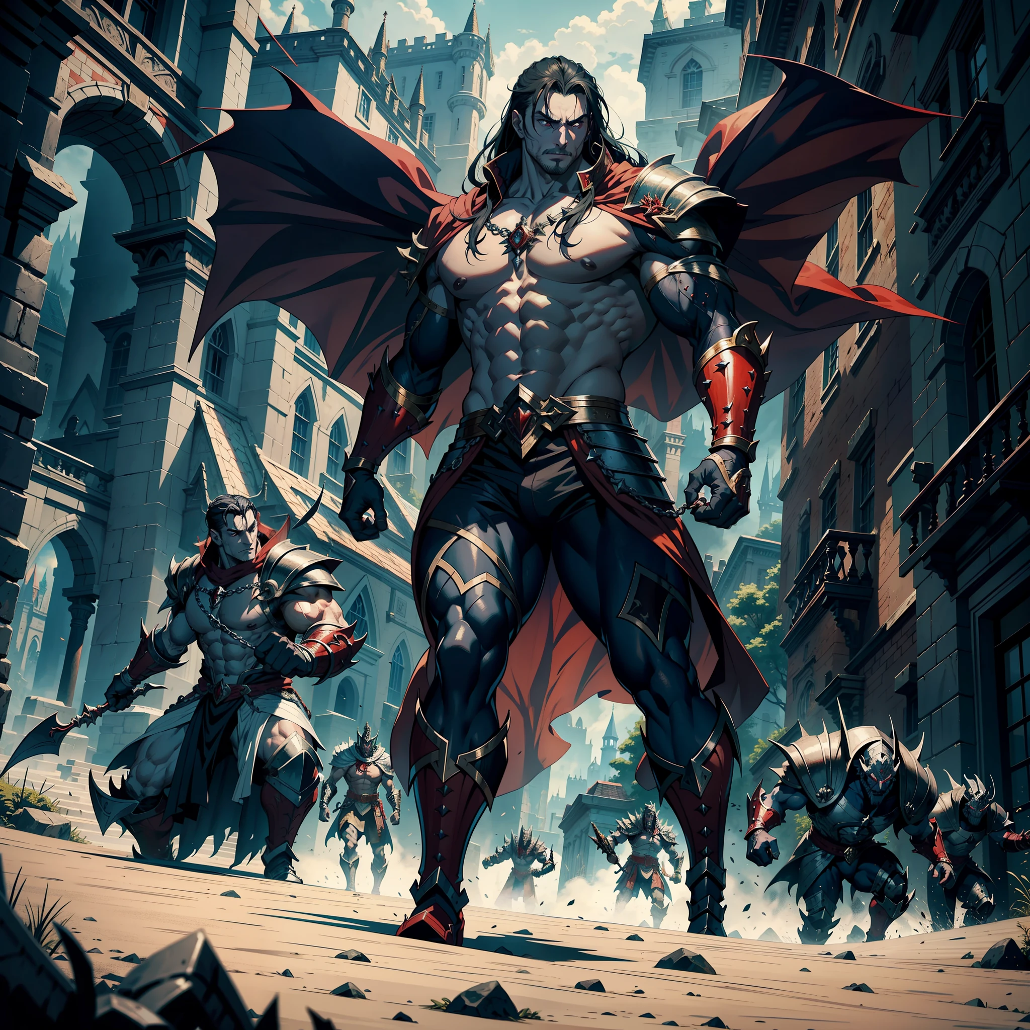 Lord Dracula muscular handsome warrior medieval returning to his castle Victorious with his démon army troops in midday hyper realistic super detailed Dynamic shot master piece scene cinématique scènes movie Epic Legendary correct proportions correct Anatomy correct poses