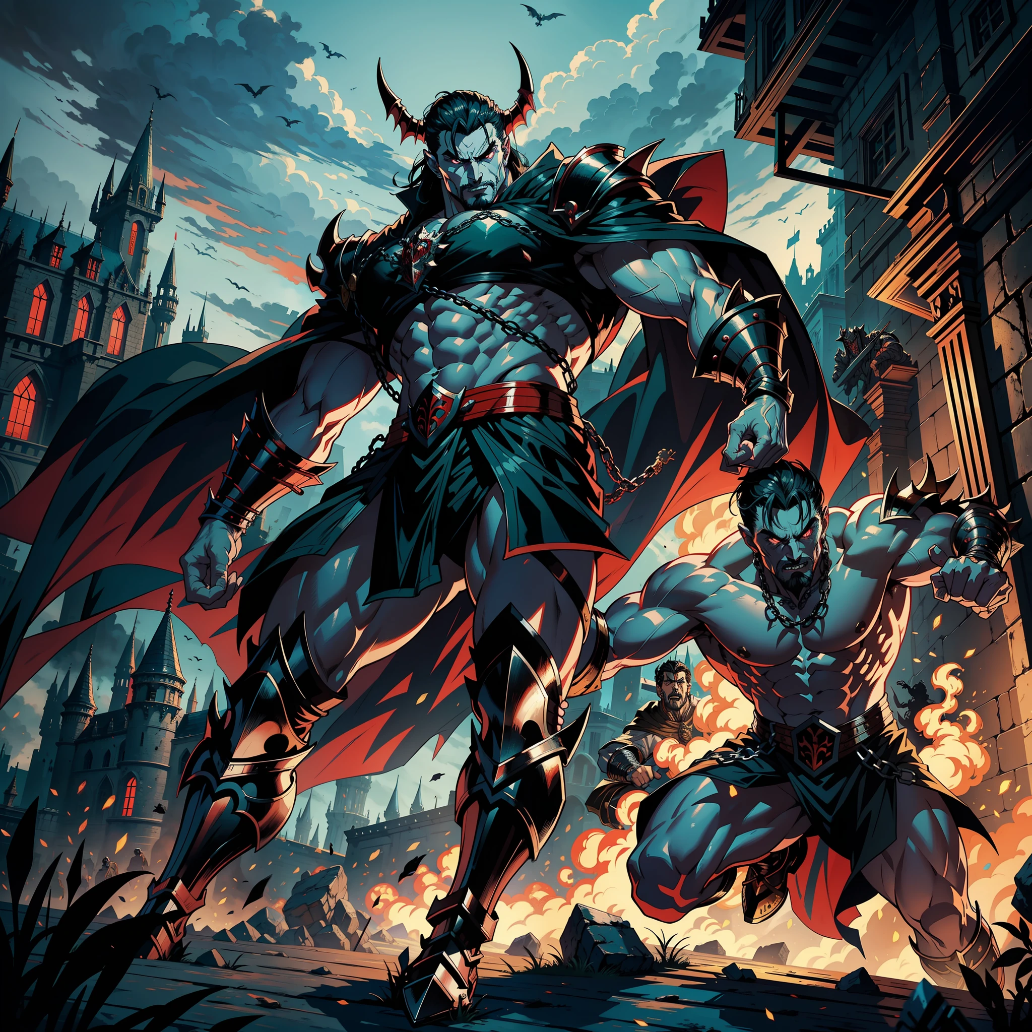 Lord Dracula muscular handsome warrior medieval returning to his castle Victorious with his démon army troops in midday hyper realistic super detailed Dynamic shot master piece scene cinématique scènes movie Epic Legendary correct proportions correct Anatomy correct poses