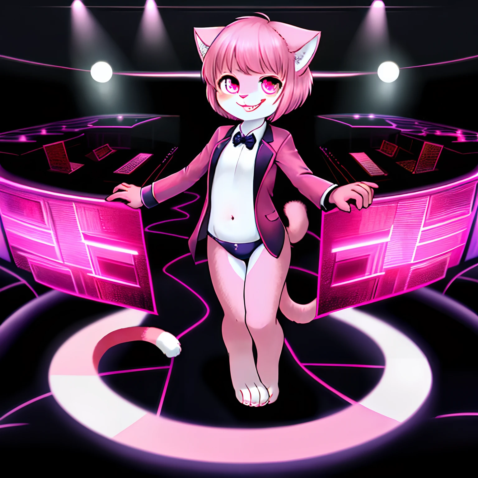 downy furry,,loli,PINK hshort hair ,PINK CATt eye, pink downy furry skin,PINK CAT ears, pink furry hand,PINK CAT tail,a strip of furry cat tail,furry CAT legs,furry CAT foot,furry face, furry torso,furry navel,furry lips,furry cat mouth,good anatomy,good artist,good quality,good detail,full body,Nightclub,front desk,receptionist,Suit,Sexy underwear