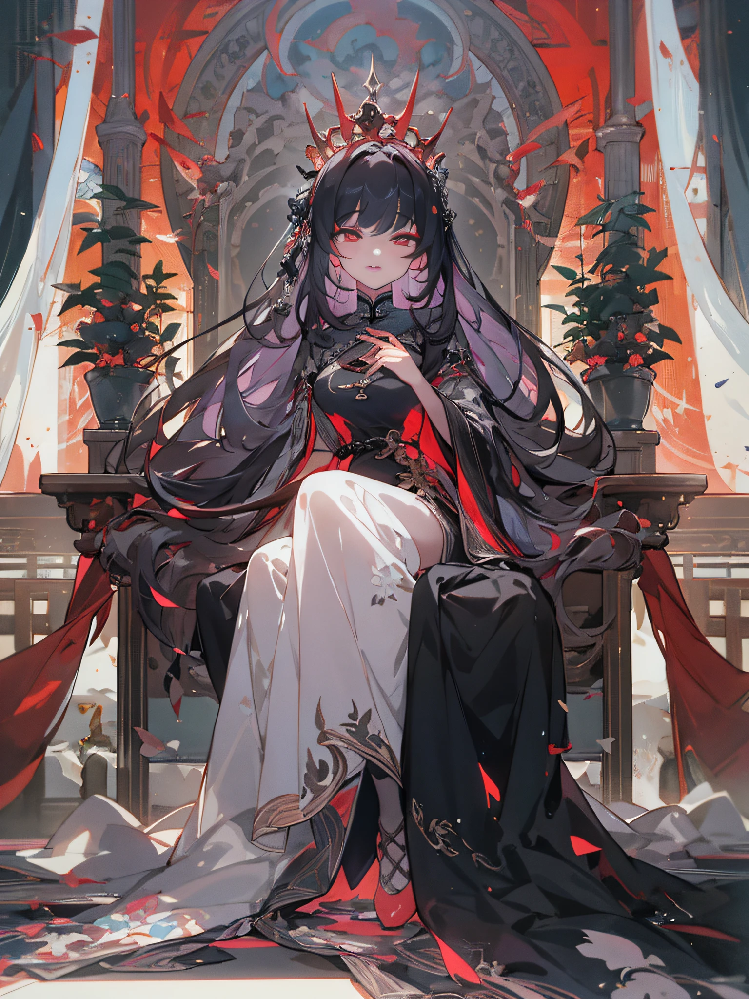 (Masterpiece:1.2), Best quality, (illustration:1.2), (Ultra-detailed), 超详细信息, (细腻细致), (Intricate details), (Cinematic light, 最优质的背光), 清晰的线条, From below, solo female, Perfect body, (1girll), Black hair, Glowing red eyes, (A princess, black see-through clothes),(crown:1.1), seated on a throne, Eyes slightly closed, looking-down, Turning Head, ((Makeup)), High contrast, (Best illumination, An extremely delicate and beautiful), ((Cinematic light)), Colorful,