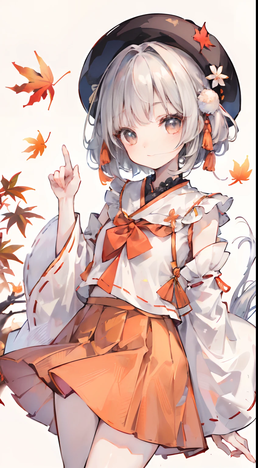 ((top-quality:1.2 +ultra-detailliert:1.1 +hight resolution:1.1)、Light gray shorthair、Orange beret、White long-sleeved shirt、Orange string ribbon、Cute  girl s、cute little、(Nee White Sox:0.8)、(Description:1.2)、Background of autumn leaves、a cute loli、A slight smil、Pretz skirt、Autumn landscape、Autumn leaves on hats、White haori、Stylish design haori