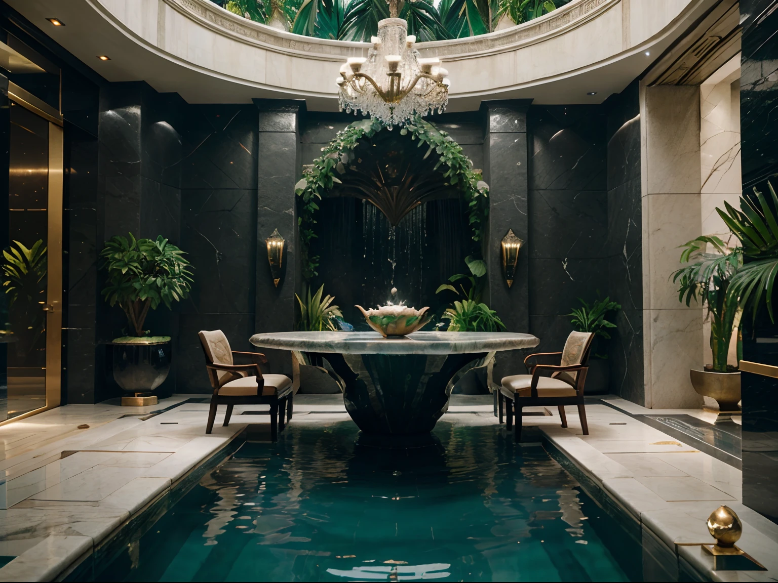 incredible luxurious futuristic interior pool with dinning table in Ancient Vietnamese style with many ((lush plants)) (lotus flowers), ((palm trees)), rocky walls, (sand), ((amazing waterfalls)), (marble), ((precious minerals)), ((metals)), (gemstones), crystals, clouds and ((water)), futuristic luxury furniture, crocodiles, ((hieroglyphics)), (((ultra luxury))), (black marble) – with ((beautiful lights)), Unreal Engine, HQ, 16k
