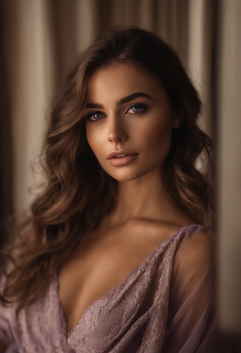 Arafed woman completely , fille sexy aux yeux bruns, French, ultra realist, Meticulously detailed, Portrait Sophie Mudd, cheveux bruns et grands yeux, selfie of a young woman, Dubai Eyes, Violet Myers, sans maquillage, maquillage naturel, looking straight at camera, Visage avec Artgram, Maquillage subtil, Great photo of the whole body kneeling on the bed, dans la chambre, Medium to large bust