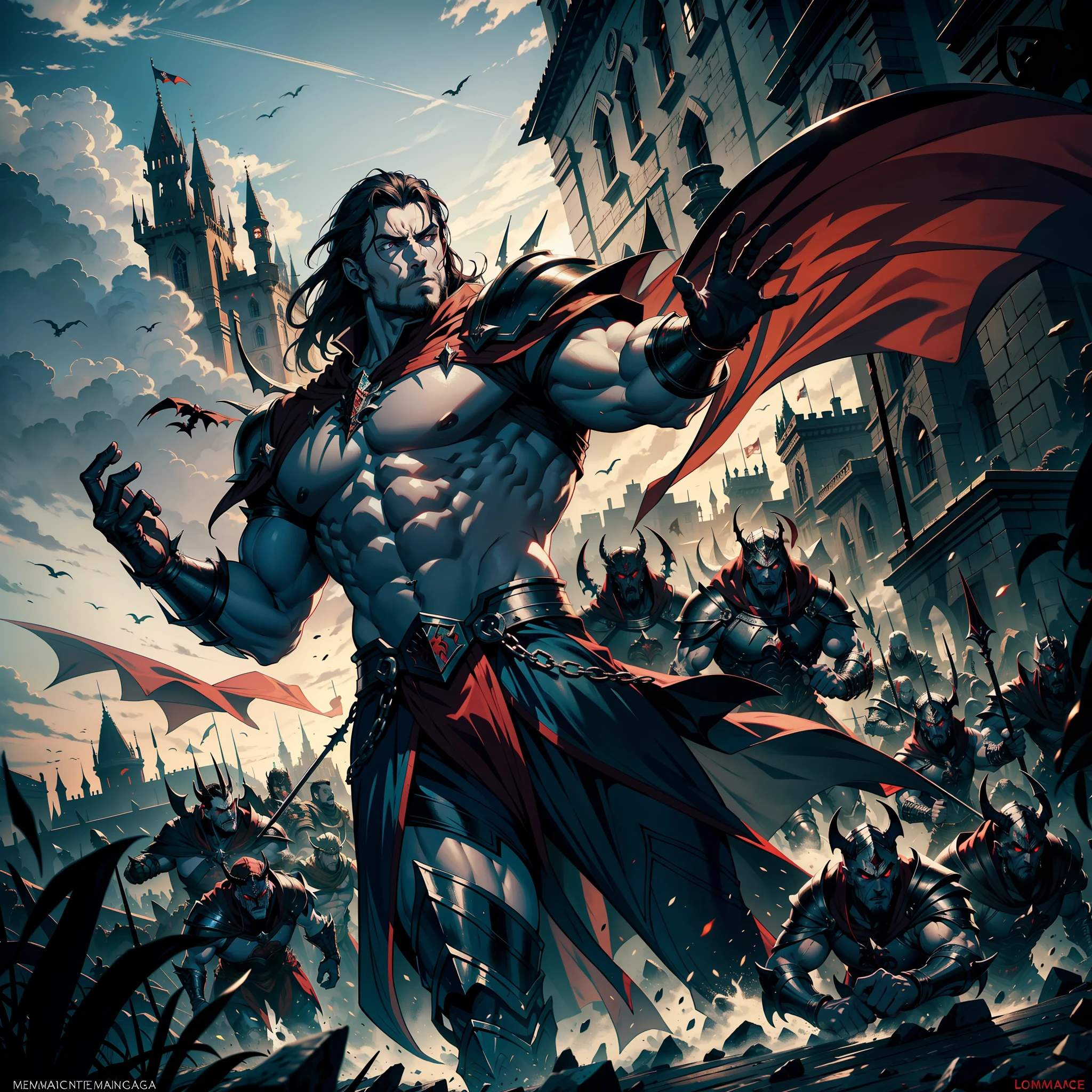 Lord Dracula muscular handsome warrior long hair white red eyes medieval crystal returning to his castle Victorious with his troops armed demon at noon hyper realistic super detailed Dynamic shot centerpiece cinematic scene scenes movie Epic Legendary correct proportions Anatomy correct poses
