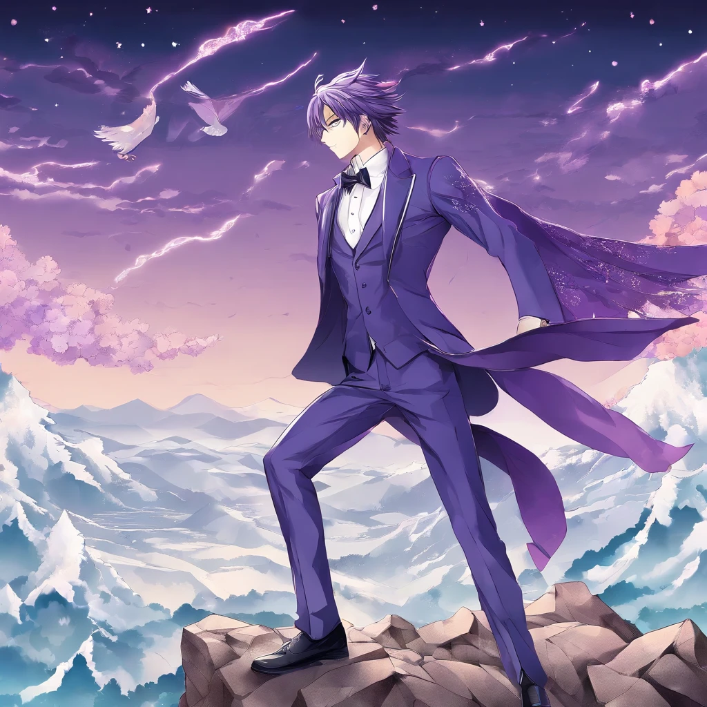 quadratic element,On the edge of a cliff,Purple tuxedo,Young and elegant purple long-haired gentleman,male people,Raise your left hand,Lateral face,White Eagle