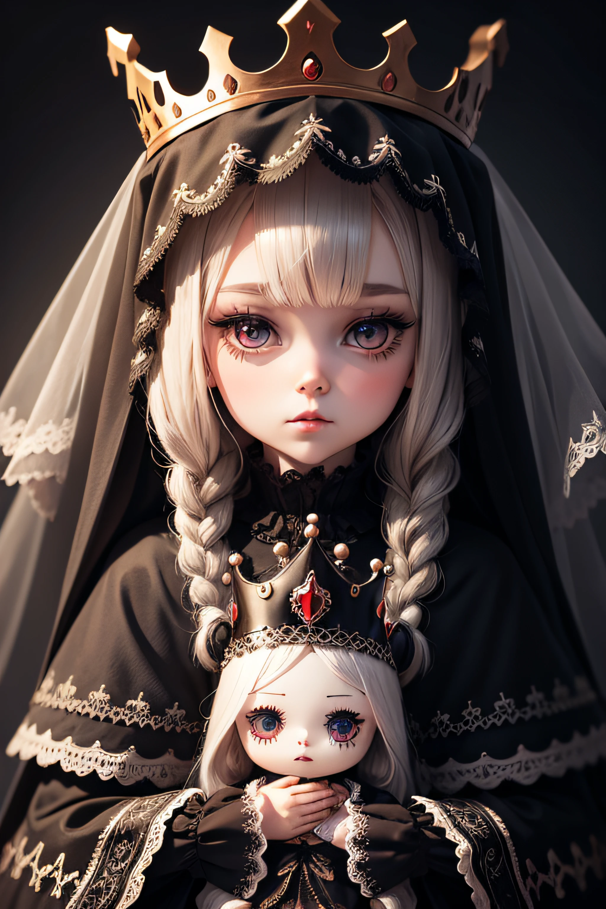 Creepy character Doll with veil Front view with crown and black background