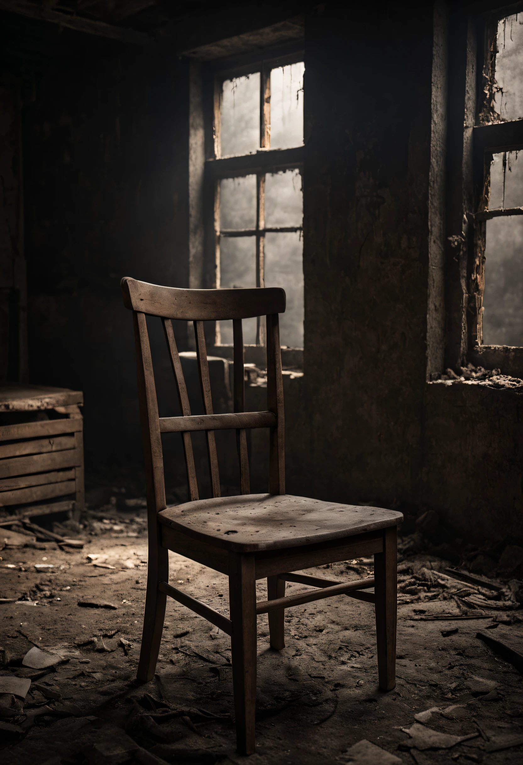 A chair in a dirty dark basement with a window, daytime,|photographic, realism pushed to extreme, fine texture, incredibly lifelike, cinematic, large format camera, photo realism, DSLR, 8k uhd, hdr, ultra-detailed, high quality, high contrast