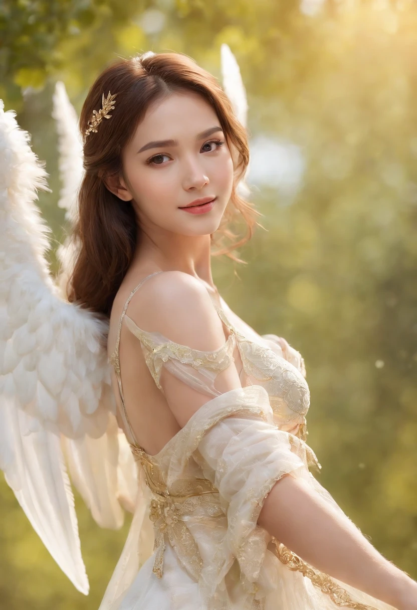 ((masterpiece, best quality;1.3)), ultra detailed, colorful, extremely detailed and beautiful background,1girl, solo, highly detailed beautiful face, beautiful face, angelic, golden colored detailed angel costume, wings angel, feathers, fantasy landscape,epic,sword, holding sword, undefined,qianrenxue,topless, super large breasts , NSFW , slender legs , sexy , smile , perfect face , beautiful , abs ,