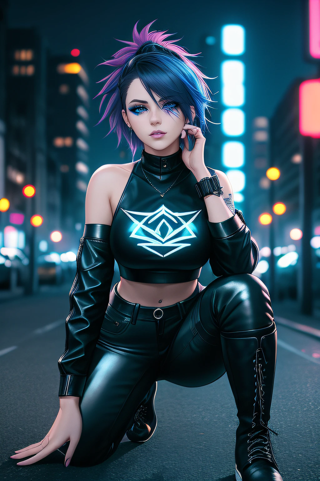 beautiful girl, full body, short bright blue dishevelled hair, black eyeshadow, (street style wear:1.2), ((tight fitted pants)), ((knee high leather boots)), (city night background:1.2), dark makeup, digital art, trending on artstation, highly detailed, fine detail, intricate, beautiful detailed glow, detailed, Cinematic light, high-res, detailed facial features, sharp focus, smooth, aesthetic,