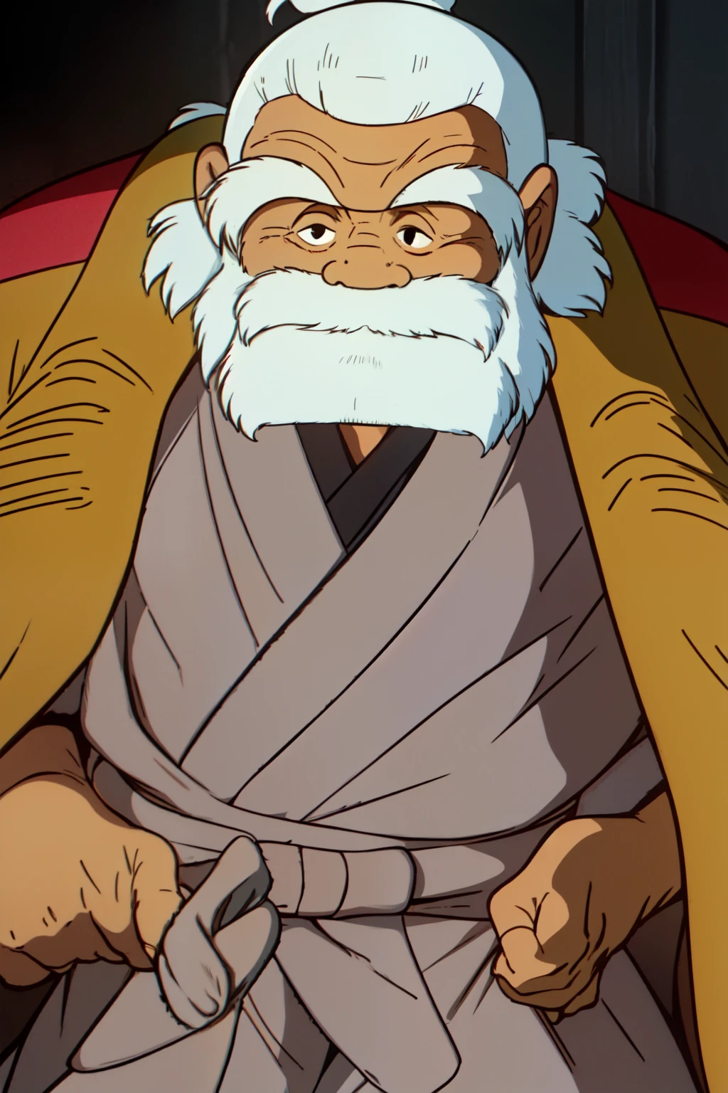 1 old man, 60yo, ANDO-SENSEI \(the dagger of kamui\), White hair, a short, small topknot, a long beard, few missing teeth, three-paku eyes, black eyes, a rounded back, short height but a sturdy physique, dotera, kimono, hakama, setta, cowboy shot,