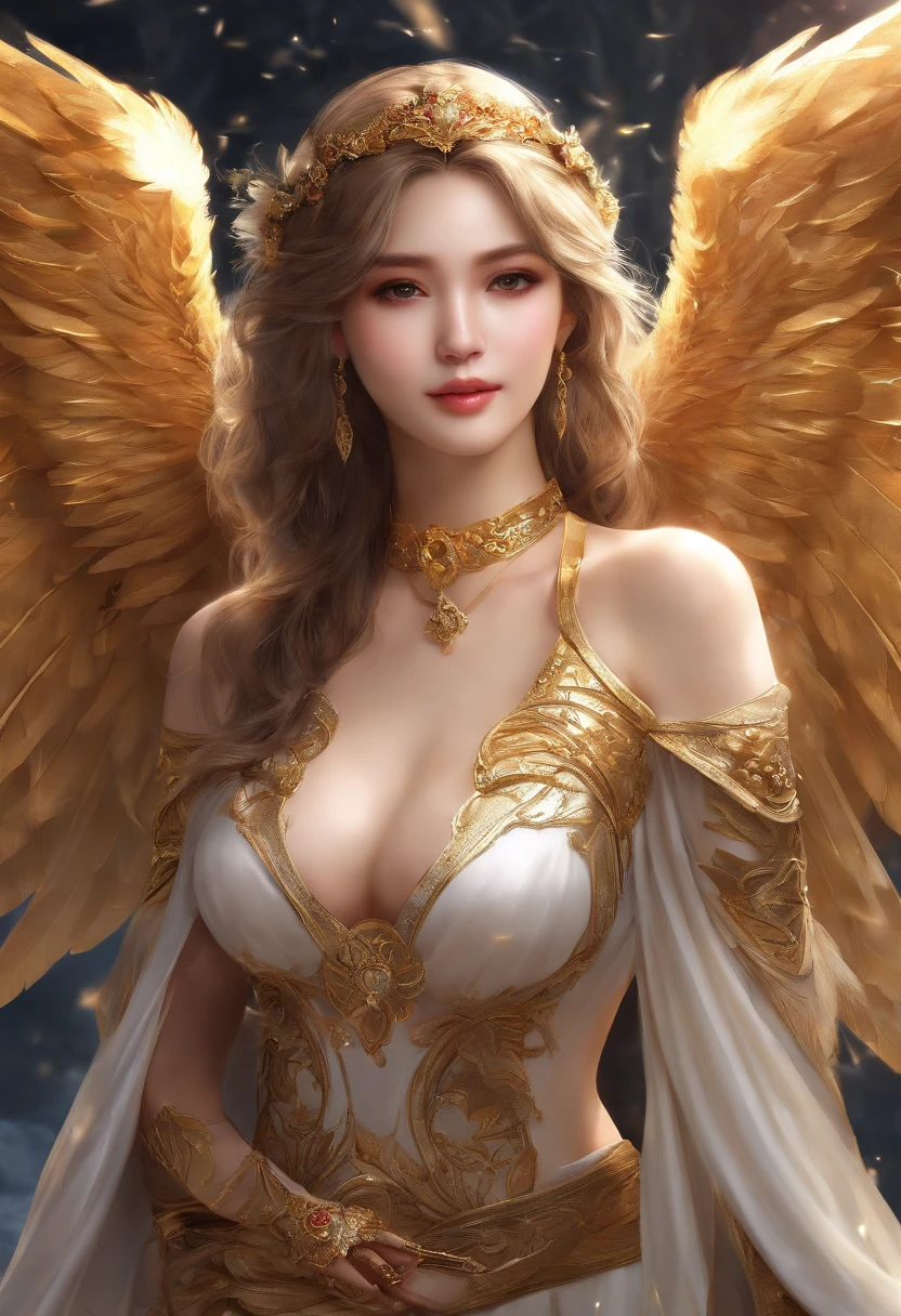 ((masterpiece, best quality;1.3)), ultra detailed, colorful, extremely detailed and beautiful background,1girl, solo, highly detailed beautiful face, beautiful face, angelic, golden colored detailed angel costume, wings angel, feathers, fantasy landscape,epic,sword, holding sword, undefined,qianrenxue,topless, super large breasts , NSFW , slender legs , sexy , smile , perfect face , beautiful , abs ,