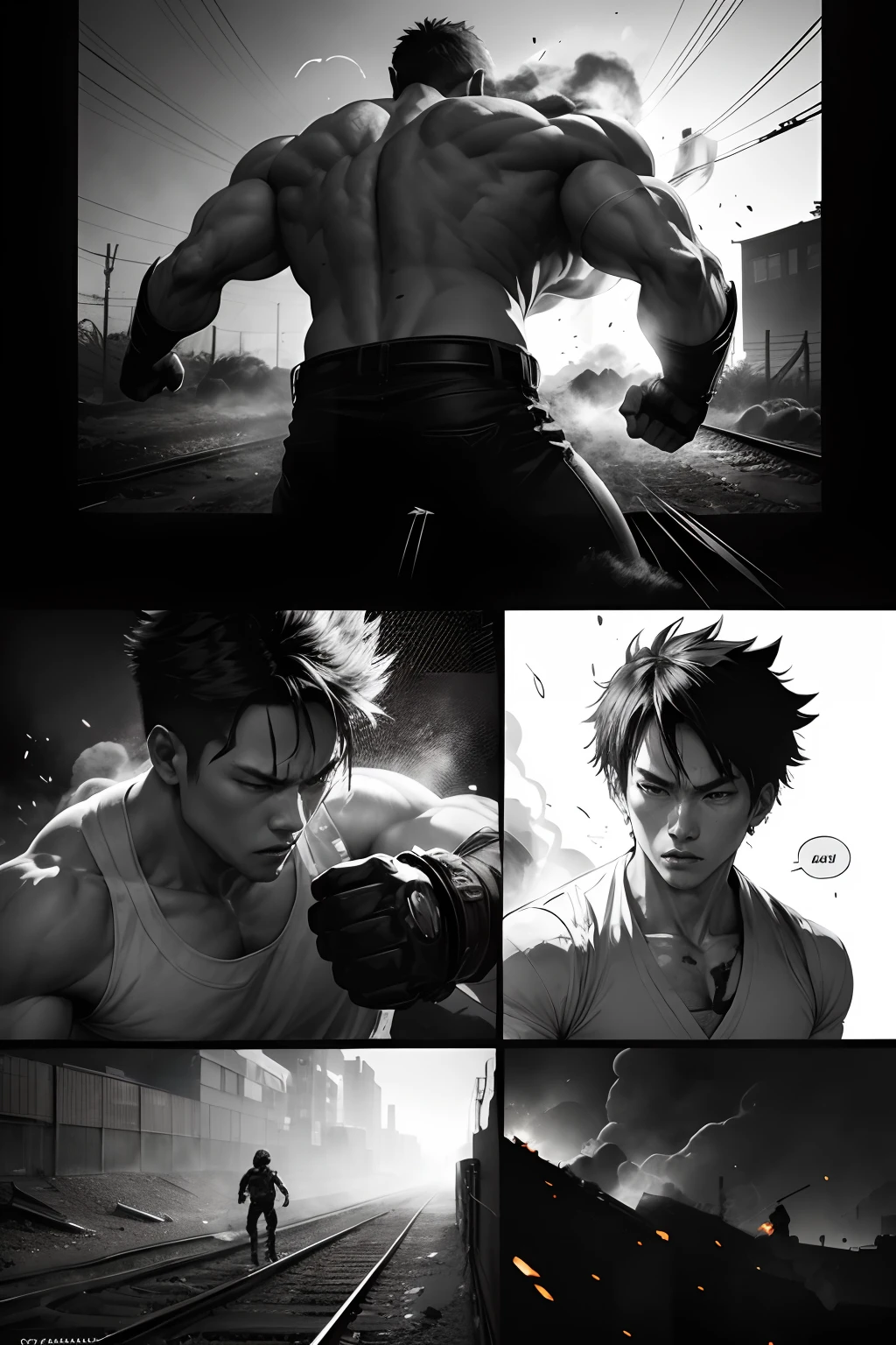 （Illustration sub-shots）Black and white Japanese manga，There are multiple panels on the page::The man roared，Waving his fists，Fight several locomotive bullies。Image from《Fight》Magazines,《Hot-blooded universities》author：Tetsuo Hara。Highly detailed dynamics reveal the film's clear lines。（Action burst shots）:: Stunning，Vivid lighting and vivid shadows，Smoke transformation，Arc of light，Explosive particles，Strong visual impact.Background with::Abandoned streets，shot of::Photograph the whole body at a low angle，Action close-up，Top side light - niji 5 --q 2 ---16K（Speech bubbles with text，Comic sound effect stickers）
