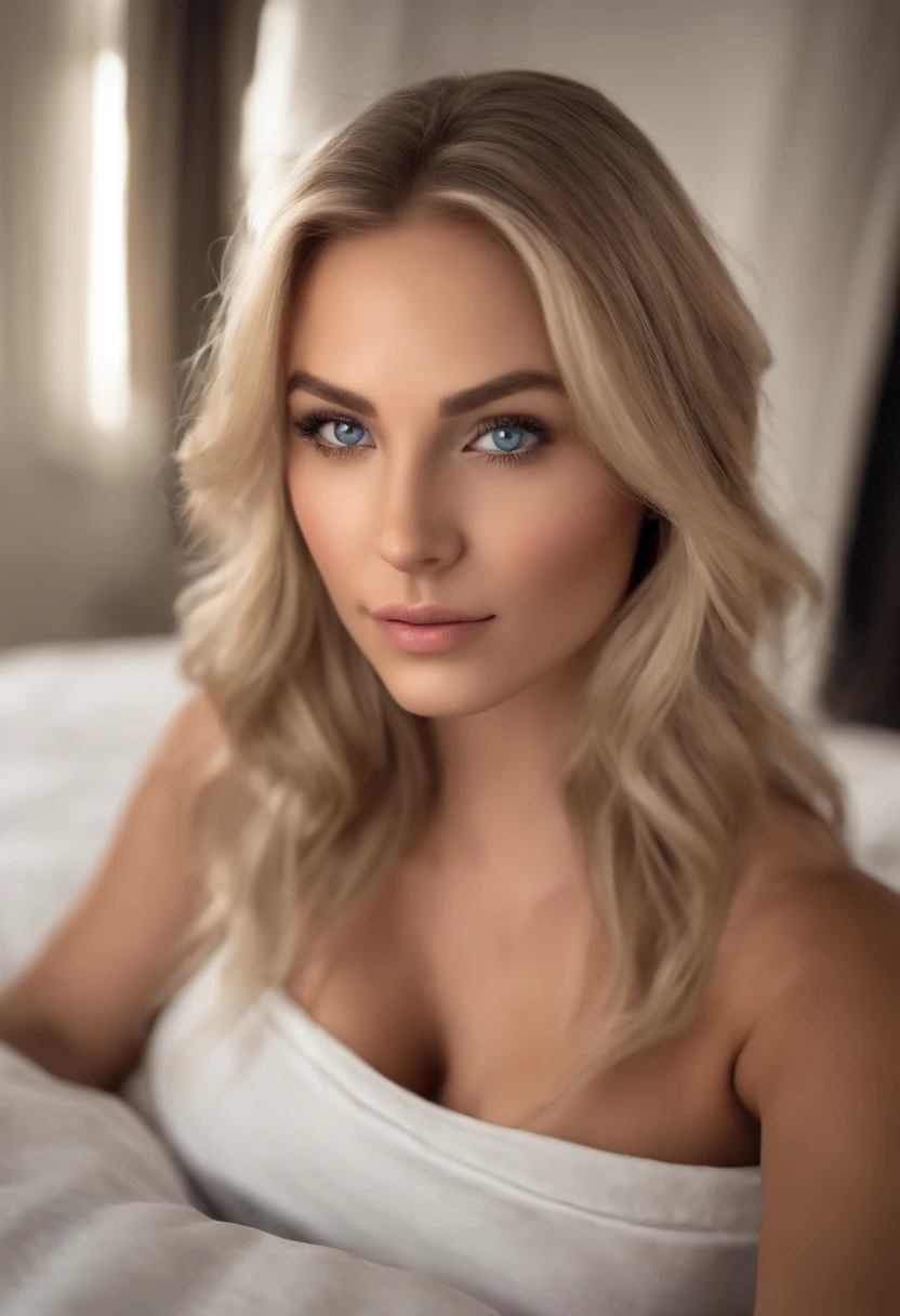 arafed woman fully , sexy girl with blue eyes, ultra realistic, meticulously detailed, blonde hair and large eyes, selfie of a young woman, bedroom eyes, violet myers, without makeup, natural makeup, looking directly at the camera, face with artgram, subtle makeup, stunning full body shot kneeling on bed, in bedroom, medium to large size bust