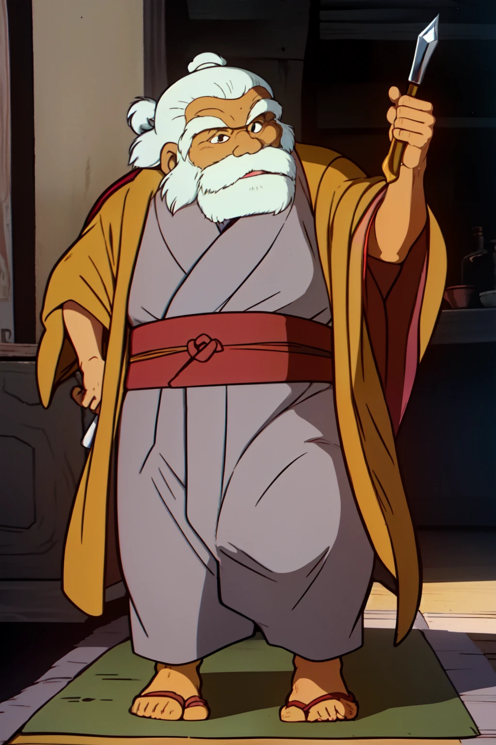 1 old man, 60yo, ANDO-SENSEI \(the dagger of kamui\), White hair, a short, small topknot, a long beard, few missing teeth, three-paku eyes, black eyes, tight stoop, short height but a sturdy physique, dotera, kimono, hakama, setta, cowboy shot,