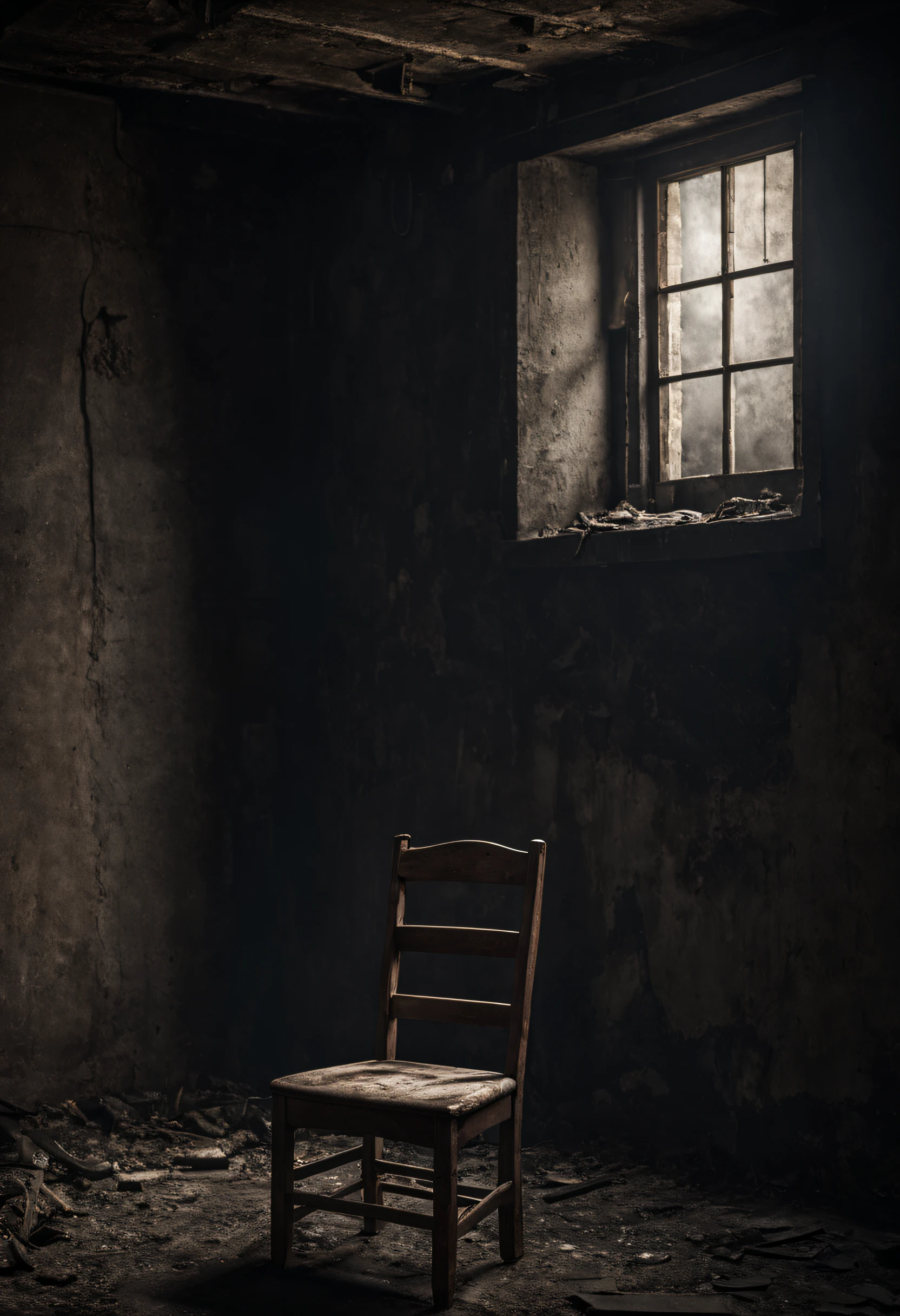 A chair in a dirty dark basement with a window, daytime,|photographic, realism pushed to extreme, fine texture, incredibly lifelike, cinematic, large format camera, photo realism, DSLR, 8k uhd, hdr, ultra-detailed, high quality, high contrast