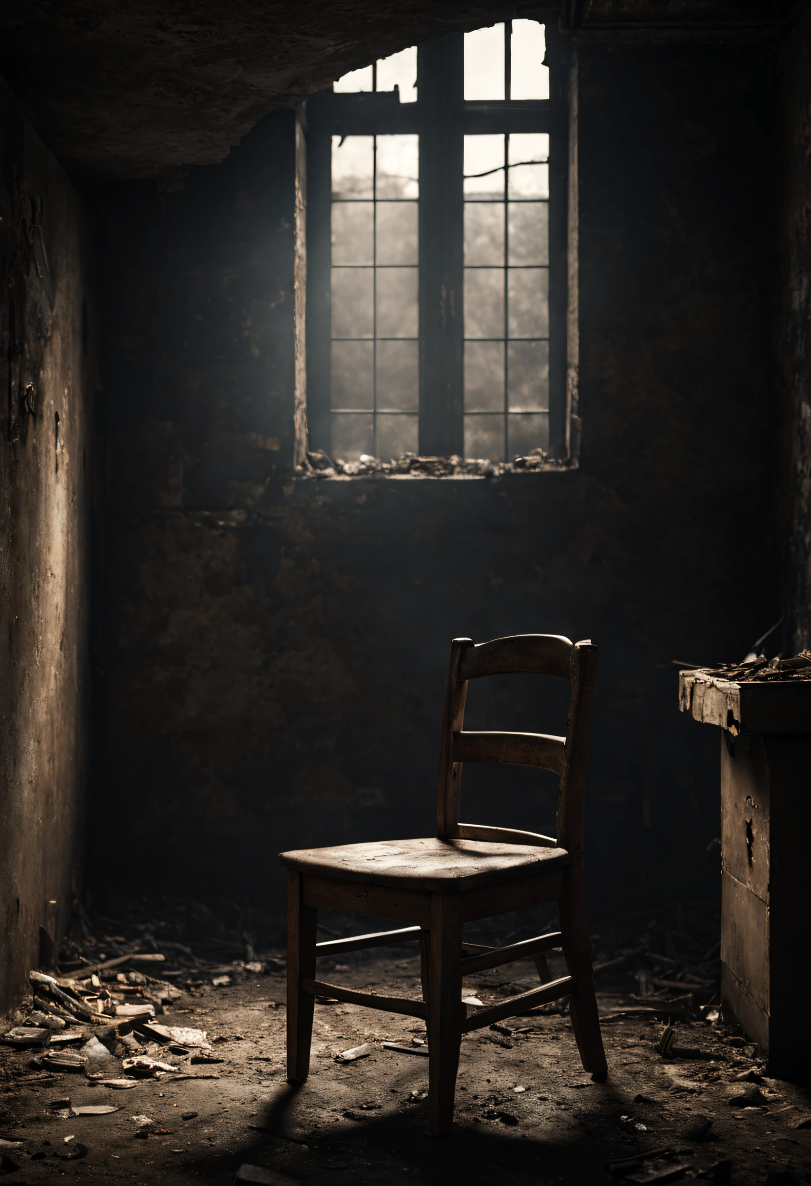 A chair in a dirty dark basement with a window, daytime,|photographic, realism pushed to extreme, fine texture, incredibly lifelike, cinematic, large format camera, photo realism, DSLR, 8k uhd, hdr, ultra-detailed, high quality, high contrast
