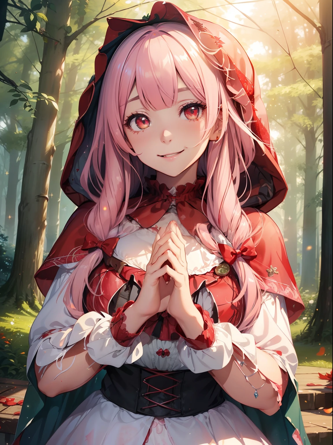 masutepiece, High resolution, 8K, anime woman, Delicate and detailed writing 、Detailed digital illustration、Very long hair and shiny、Bangs、a very beautiful woman、Eyes are double, Large, Bust is D cup、High image quality, High quality、Detailed background、(Little Red Riding Hood:1.5),(White Dress:1.3)))、((brightly colored red leaves、Background with)、(The inside of the eye shines like a diamond、(((Light pink hair)))、Gradient pupil、(((2 arms、4 fingers, 1 thumb)))、Detailed female face、Very beautiful and cute woman、、In-depth background、​masterpiece、Soft Focus , Bright gradient watercolor , Lens Flare , (((Glitter))) , Glow , Dreamy , 、Less exposure、Nothing at hand、((A smile))、Wonderland,Rainbow Forest