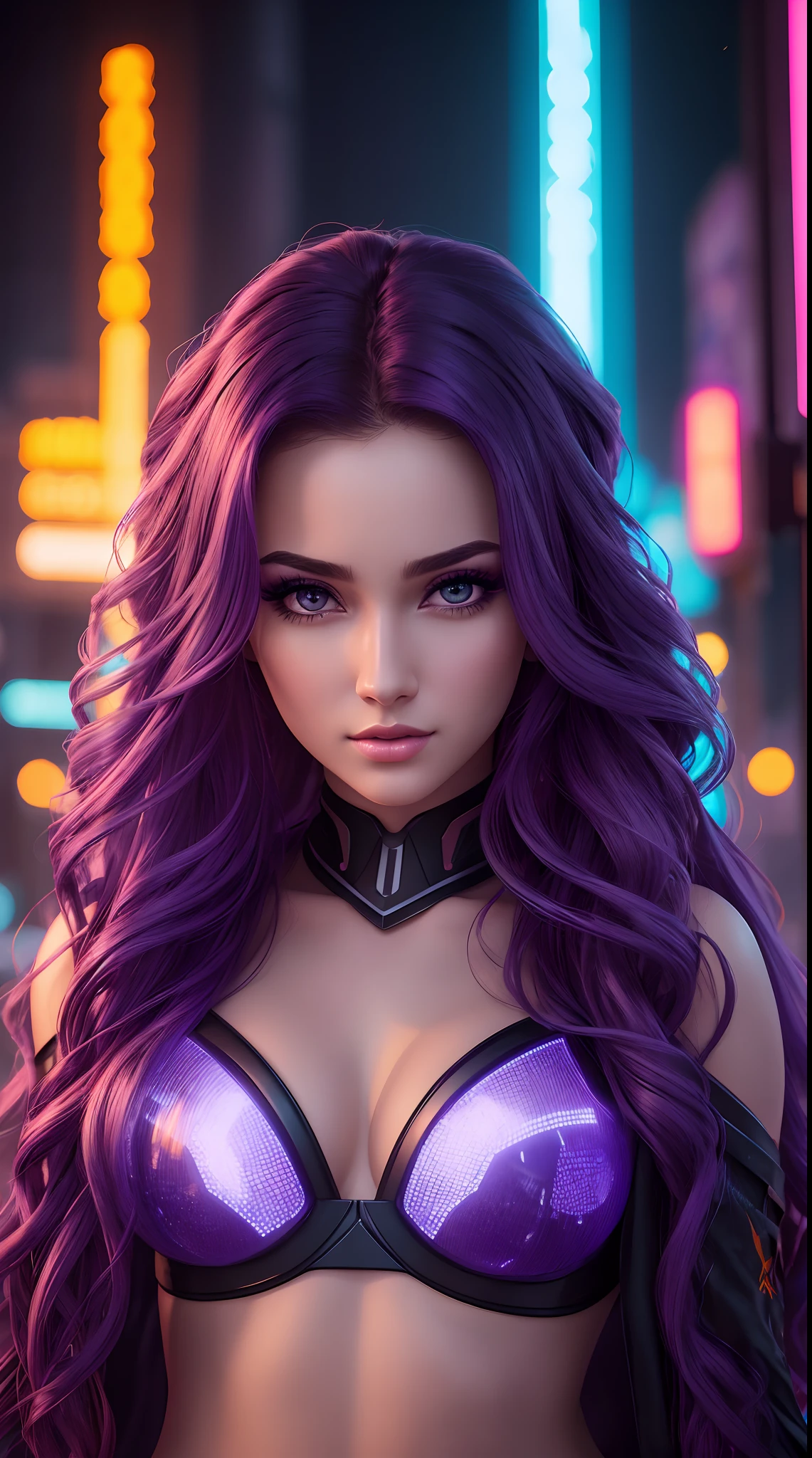 Hyper realistic professional mid body portrait, one stunningly beautiful young 25 years old girl, shining long purple haired, long curly  hair, hyper detailed and perfect, intense detailed eyes, perfect face, dark makeup ultra detailed, full dark  eye makeup ultra realistic,  highly detailed lips, extemly detalled and perfect face, face, she looks like a the most beautiful caucassian girl with a touch of Cyberpunk ambient, cinematic photo neon sign,, neon lights, sunset, reflective puddles, scifi,85mm photograph, film, bokeh, professional, 4k, highly detailed