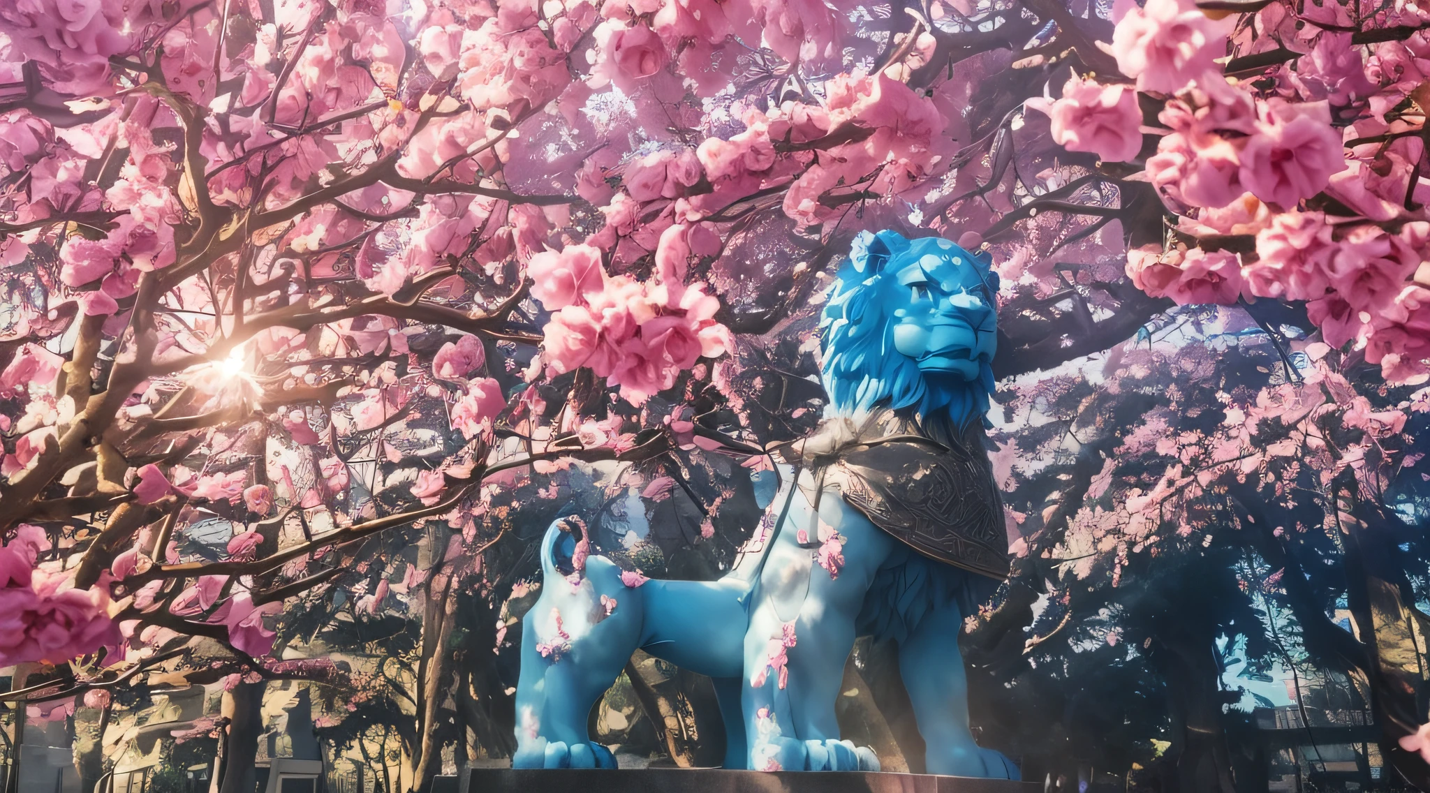 Manhwa Style,in style of hayao miyazaki,blue-sky,The sun shines in the shadows,Historical arch,A pillar of stateliness,Stone lion,Pink flowers,adolable,