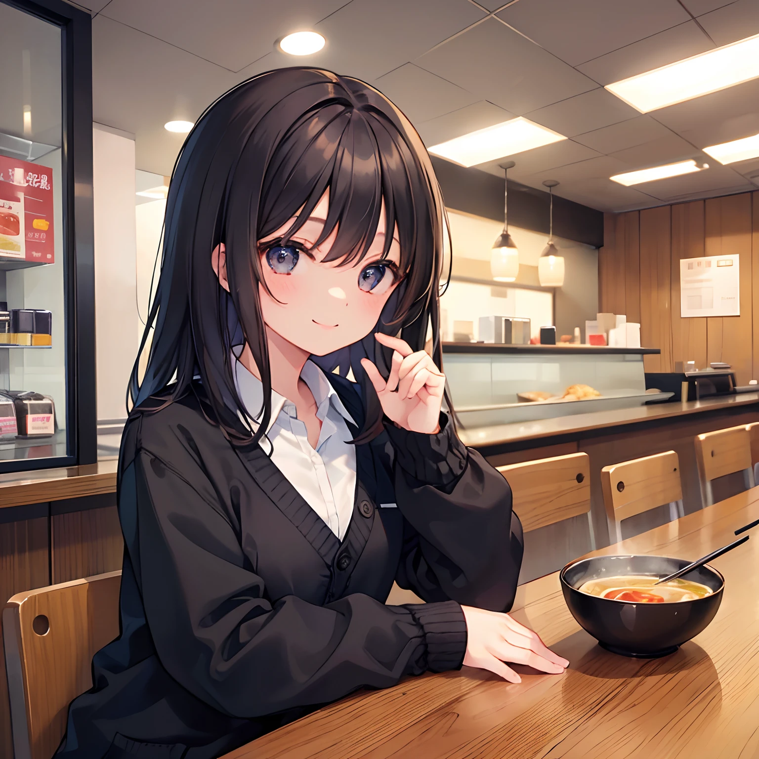 Anime girl sitting at a table with a bowl of soup - SeaArt AI