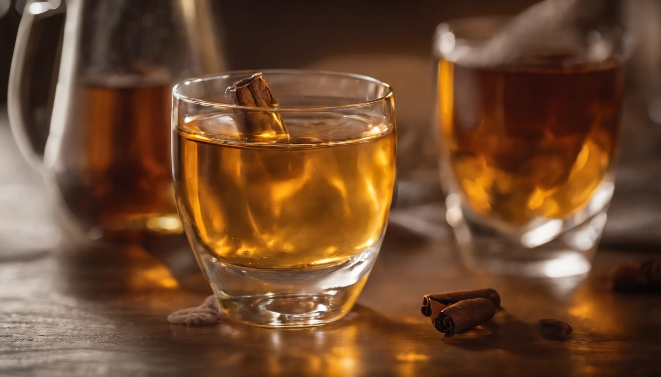 Pouring the sweet aroma of the laurel alcohol, close-up 30-degree, elevated angle, golden amber wine body, warm lights, glass, ice, wooden table base, best quality