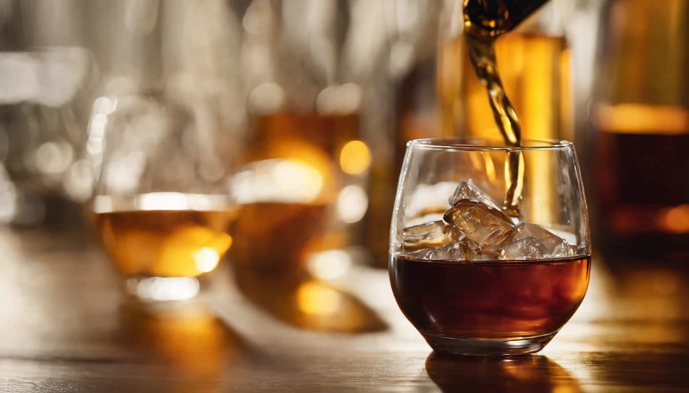 Pouring the sweet aroma of the laurel alcohol, close-up 30-degree, elevated angle, golden amber wine body, warm lights, glass, ice, wooden table base, best quality