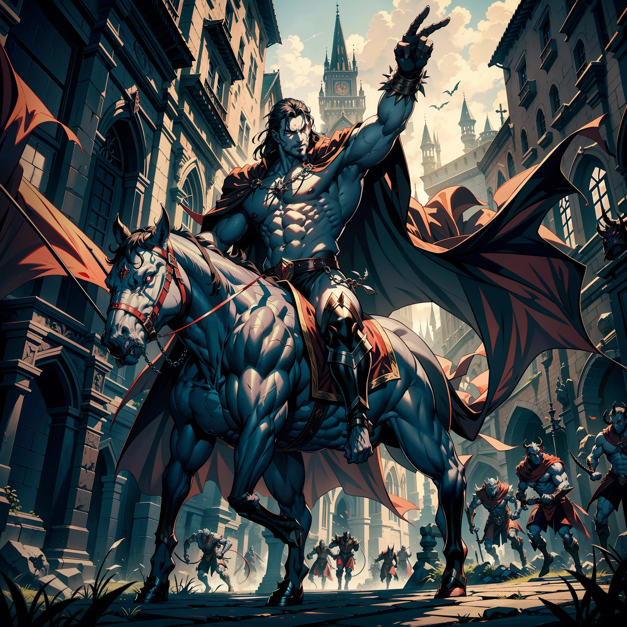 Lord Dracula muscular handsome medieval warrior returning to his castle Victorious with his troops demon armed at noon hyper realistic super detailed Dynamic shot centerpiece cinematic scene scenes movie Epic Legendary correct proportions Anatomy correct poses