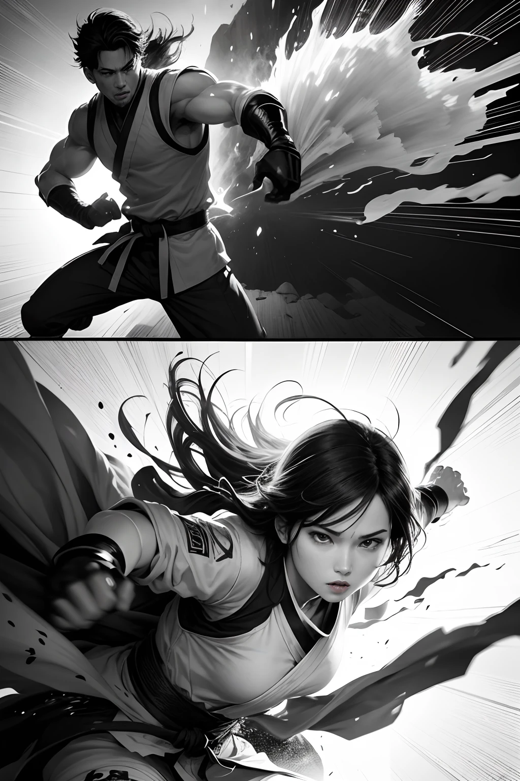 （illustration）comic page，There are multiple panels on the page：Black and white gray Japanese manga page, Jump Magazine,Hot-blooded martial arts comics, CG,Game animation characters，author：Kei Okamoto。,Highly detailed dynamics reveal the film's clear lines, Stunning,Vivid lighting and vivid shadows，Smoke transformation，Arc of light，Explosive particles，Strong visual impact. Dynamic，lightand shade contrast，Irregular pictures，breathtaking moment ，Soft Light - niji 5 --q 2 ---16K（Speech bubbles with text on the picture，Comic sound effect stickers）
