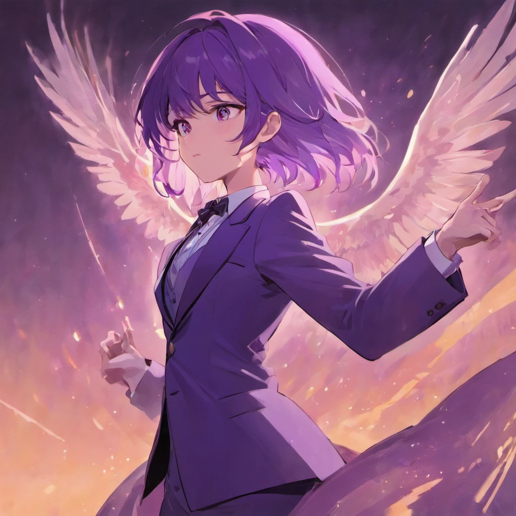quadratic element,On the edge of a cliff,Purple tuxedo,Young and elegant purple long-haired gentleman,male people,Raise your left hand,Lateral face,White Eagle