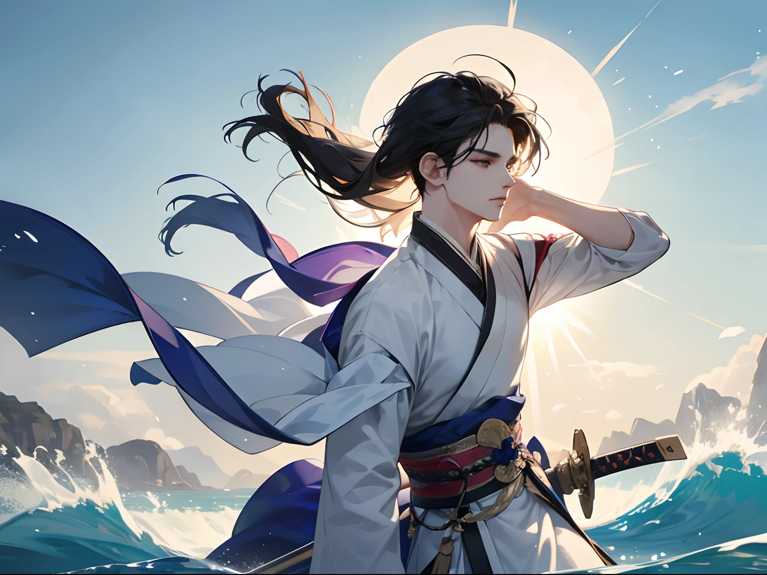 of a guy(male people)，Wear tulle Hanfu，Rotate sword wind effect with a large knife in hand，Water surrounds，texture detail，suns，Motion blur background，Contre-Jour，8K，super detailing，tmasterpiece，best qualtiy