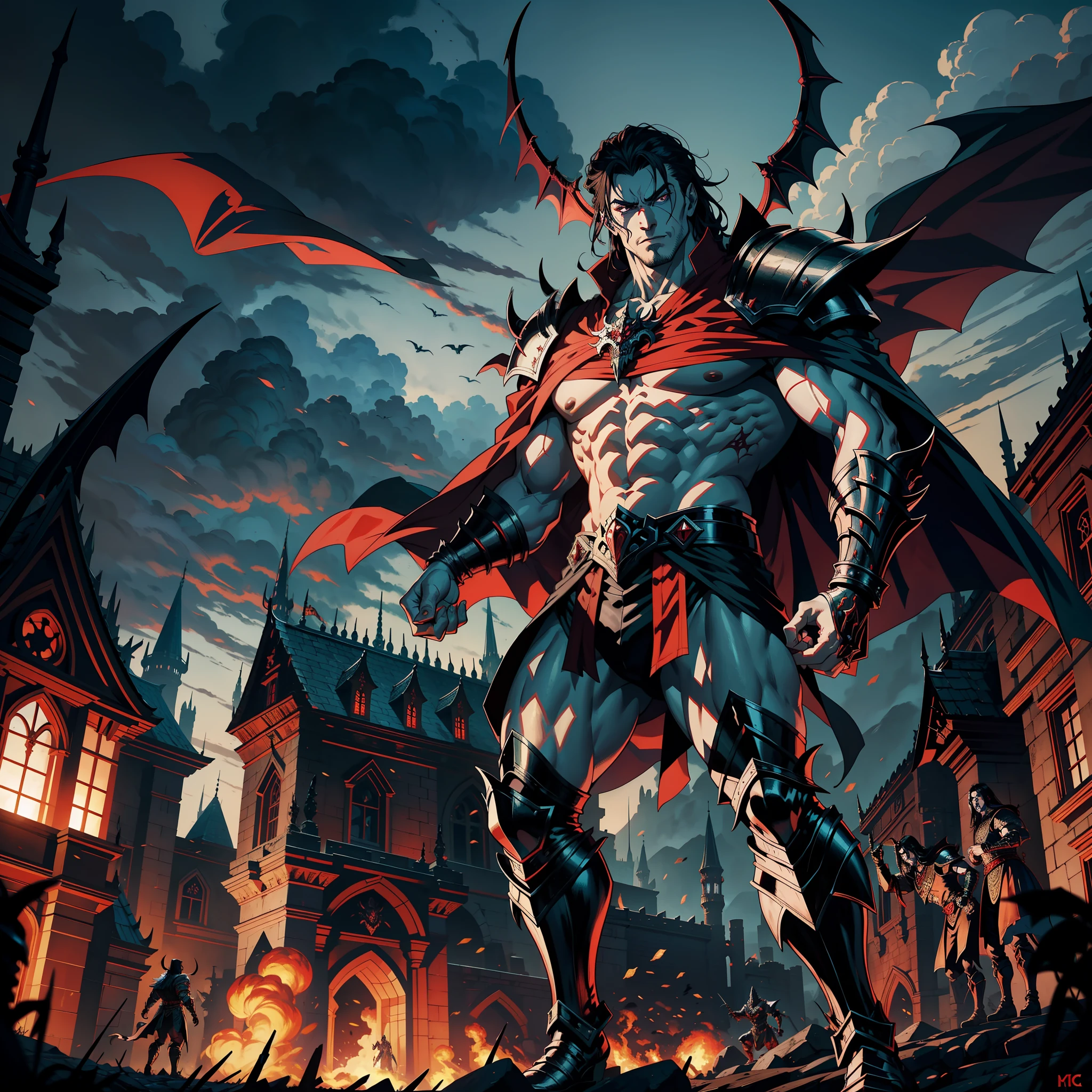Lord Dracula muscular handsome medieval warrior returning to his castle Victorious with his troops demon armed at noon hyper realistic super detailed Dynamic shot centerpiece cinematic scene scenes movie Epic Legendary correct proportions Anatomy correct poses