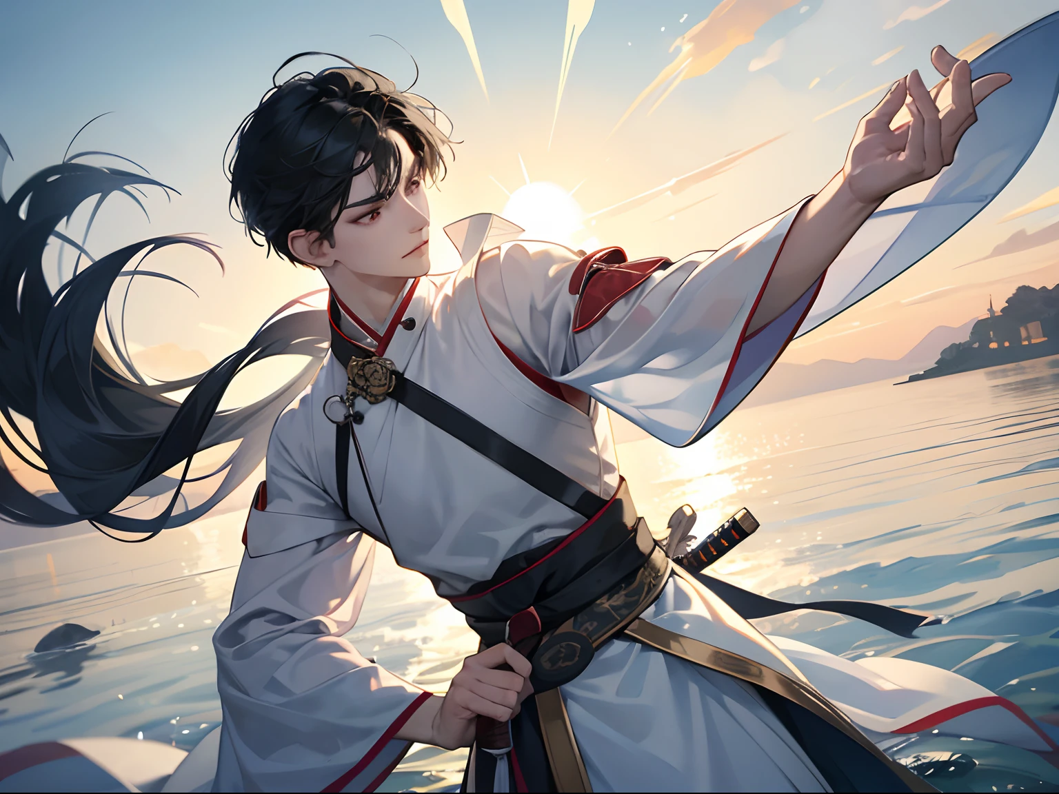 of a guy(male people),Wear tulle Hanfu,Rotate sword wind effect with a large knife in hand,Water surrounds,texture detail,suns,Motion blur background,Contre-Jour,8K,super detailing,tmasterpiece,best qualtiy