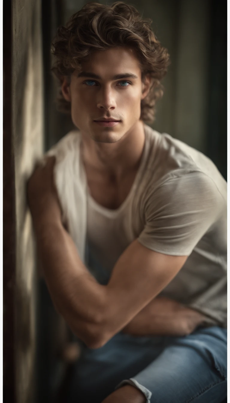 portrait of a handsome male model, 16 years old, shirtless, barechest, without beard, with dark messy wavy hair, super light blue eyes, thick lips, defined muscles, fit, ripped body, full body shot, ultra highest detailed face, darmatic lighting, dim light,