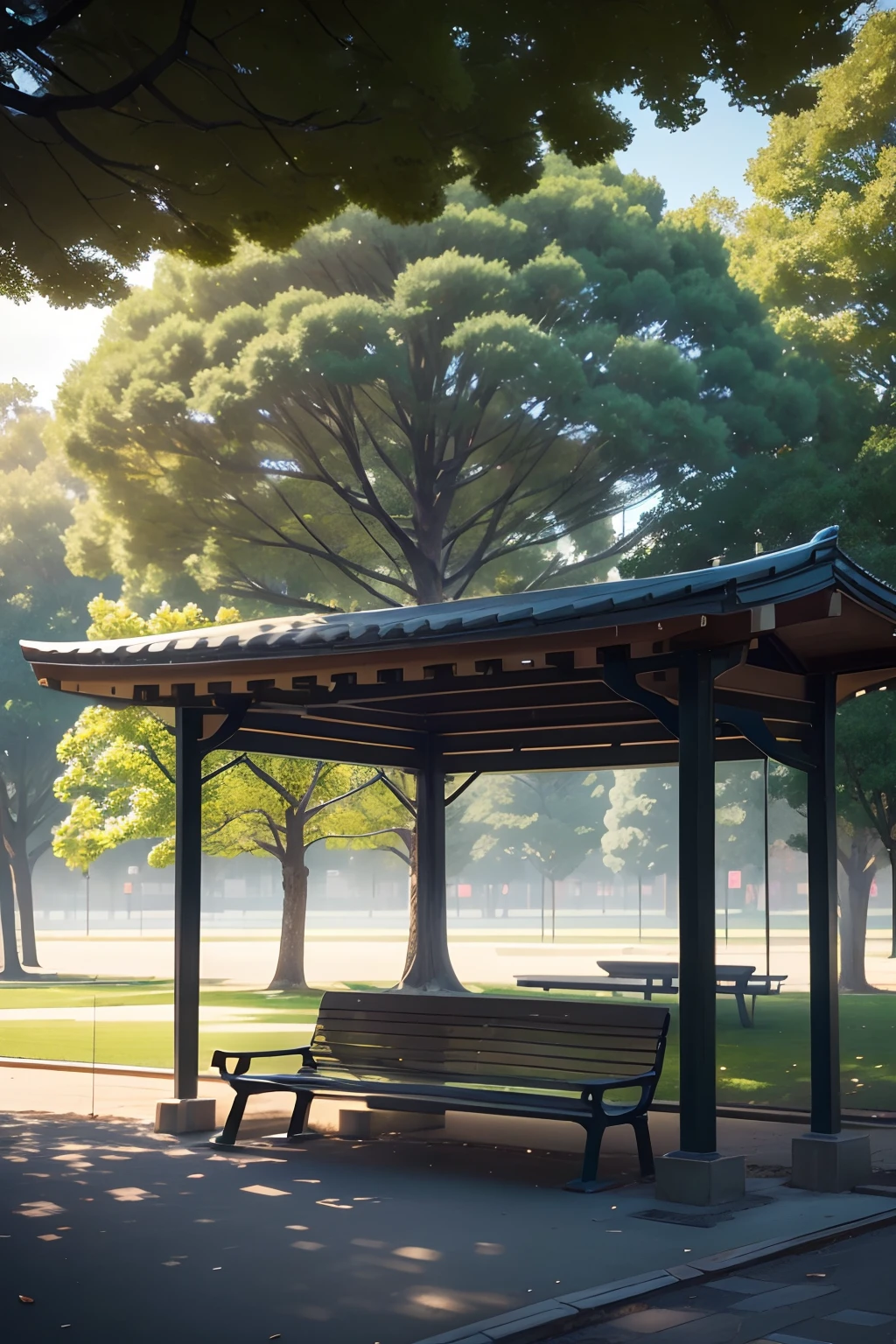 (No people), unmanned, nobody, landscape, Winters, tokyo prefecture, Park, tree, day, Benches, HD Detail, Ultra Detail, movie, Hyper-Realism, Soft light, Deep focus bokeh, Ray tracing, Art Station pixivgwise, By Shinkai Makoto, Art Germ