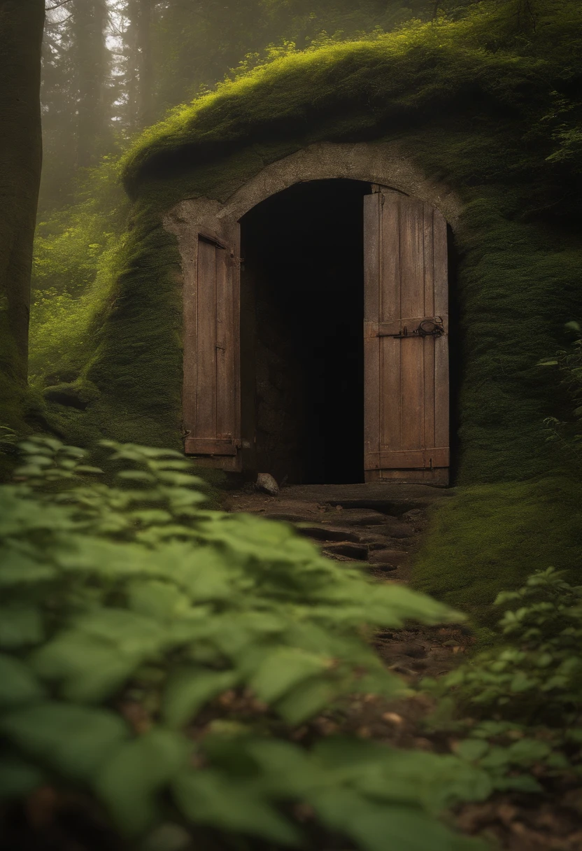 a mysterious iron riveted door in a rockface, partially hidden behind foliage at sunrise on a foggy spring morning with a small creek exiting the photo in a corner