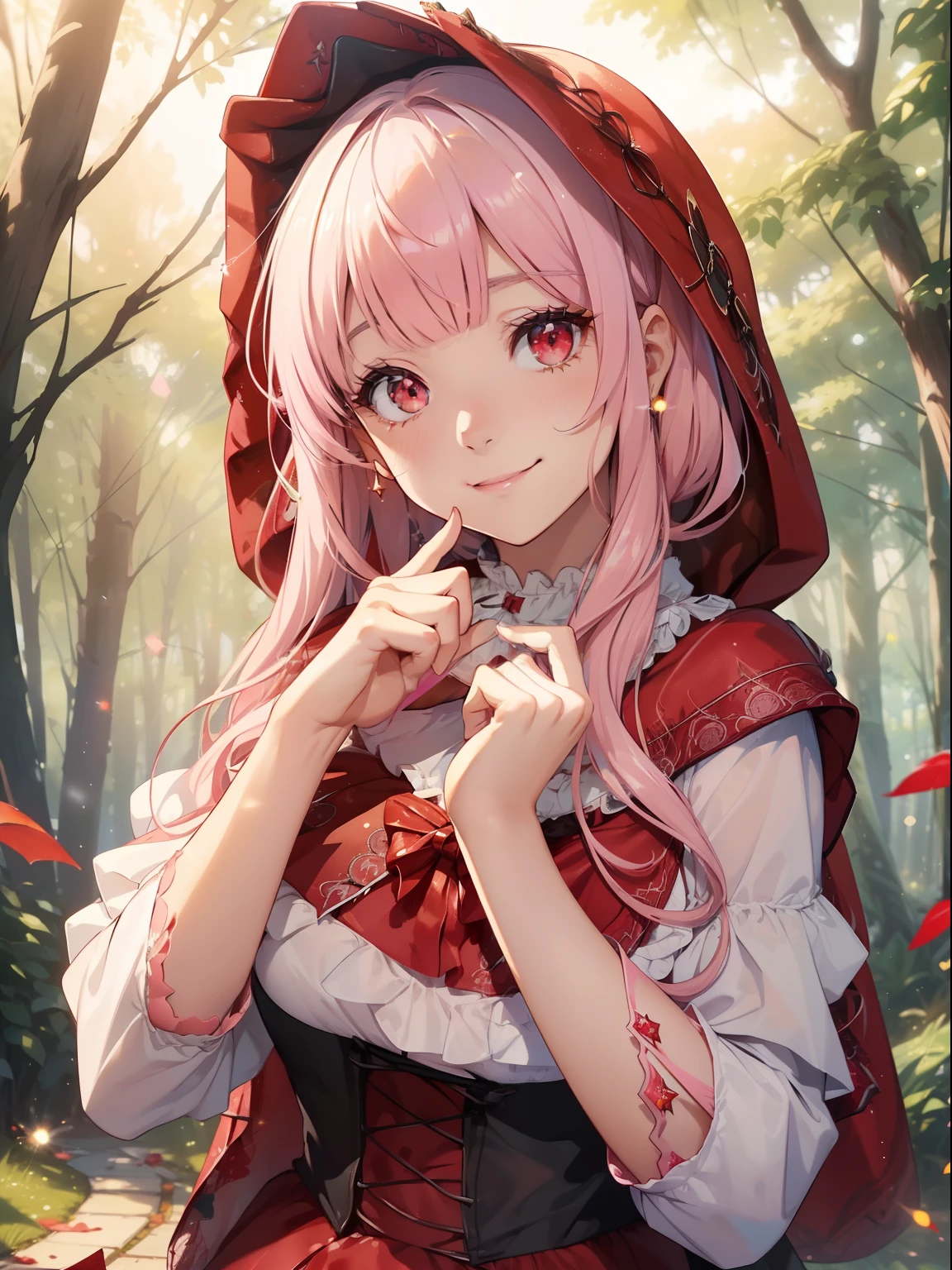 masutepiece, High resolution, 8K, anime woman, Delicate and detailed writing 、Detailed digital illustration、Very long hair and shiny、Bangs、a very beautiful woman、Eyes are double, Large, Bust is D cup、High image quality, High quality、Detailed background、(Little Red Riding Hood:1.5),(White Dress:1.3)))、((brightly colored red leaves、Background with)、(The inside of the eye shines like a diamond、(((Light pink hair)))、Gradient pink pupils、(((2 arms、4 fingers, 1 thumb)))、Detailed female face、Very beautiful and cute woman、、Meticulous background、​masterpiece、Soft Focus , Bright gradient watercolor , Lens Flare , (((Glitter))) , Glow , Dreamy , 、Less exposure、Nothing at hand、((A smile))、Wonderland,Rainbow Forest、