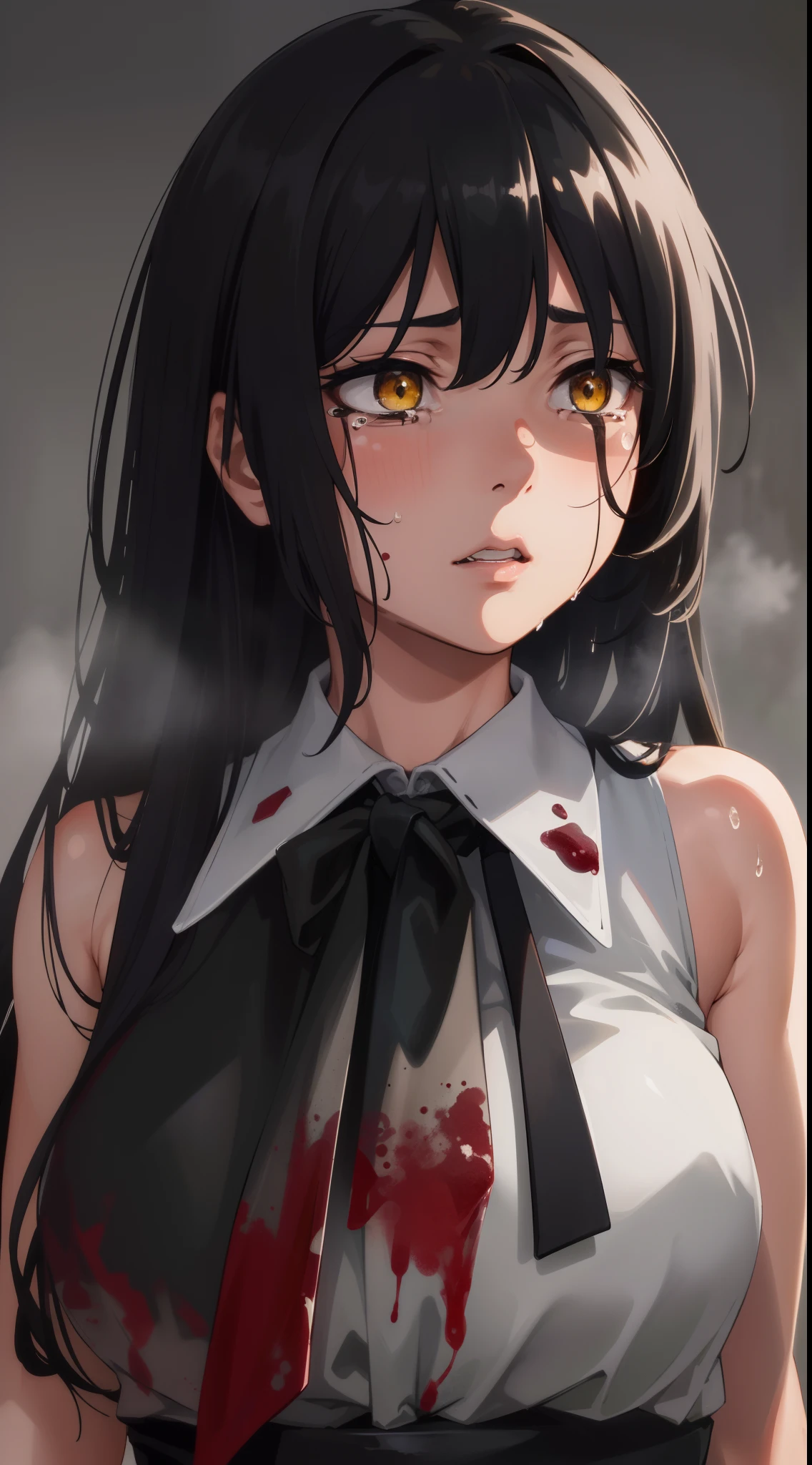 (best quality,4k,8k,highres,masterpiece:1.2),ultra-detailed,(realistic,photorealistic,photo-realistic:1.37),mieruko:1.3,1girl,scared,tears,sweat drips,yellow detailed eyes,long black hair,big eyes,(open mouth:0.1),detailed pupils,hdr shadows,(elegant clothes),sleeveless, tortured, blood, blood on face