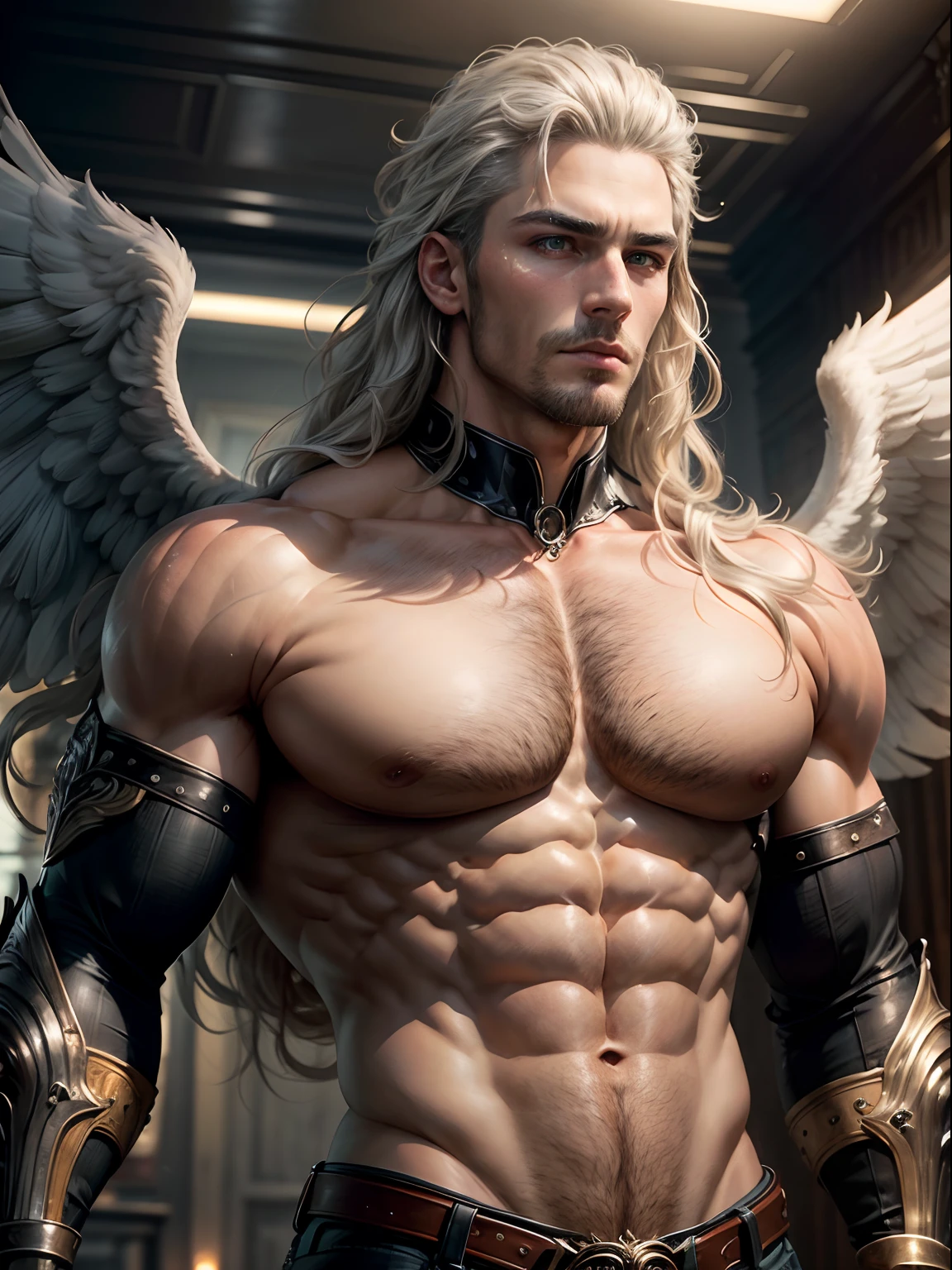 ((Masterpiece, Best Quality, High Resolution)) Handsome brutal man with two white angel wings, Beautiful eyes, long curly white hair, muscular, Clothed, Fashionable model pose, Detailed face, Looking Up
