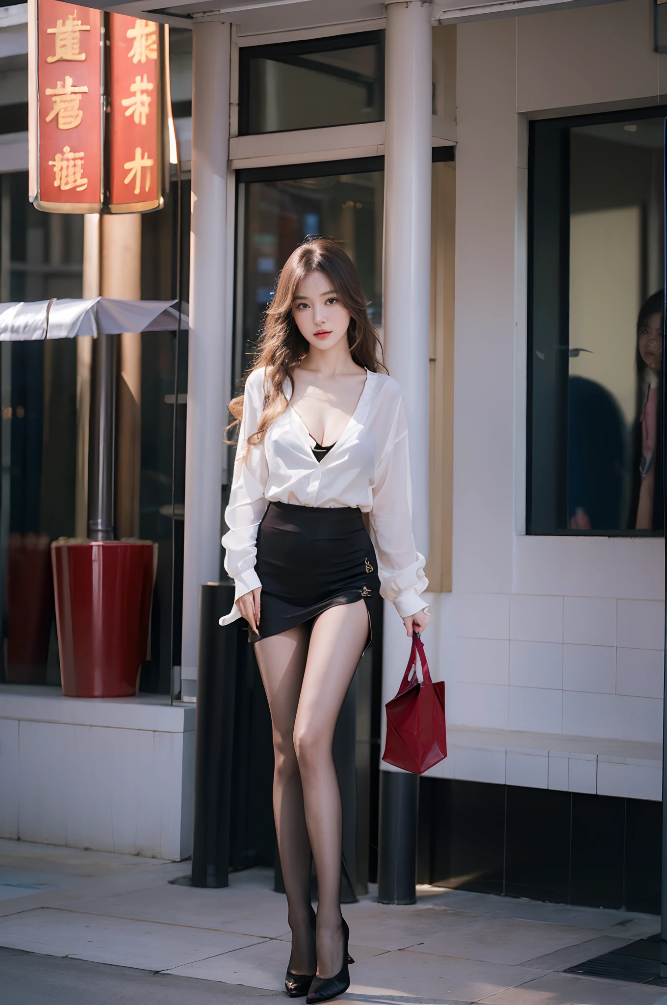 Best quality,Masterpiece,超高分辨率,(Realisticity:1.4),Original photo,Cinematic lighting,
1 young woman，Stiletto heels，largeeyes，standing on your feet，In the daytime，Long legs，lacepantyhose，waved hair，cleavage，By bangs，On the street，on cheongsam