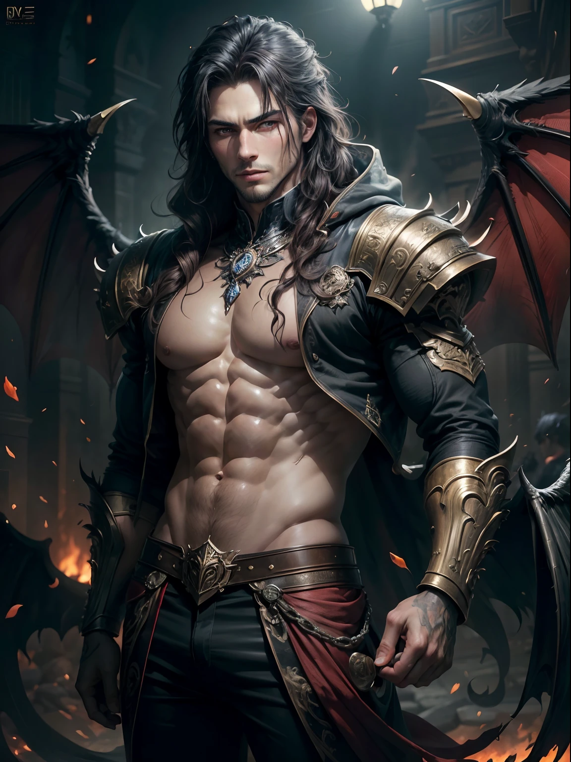((Masterpiece, Best Quality, High Resolution)) Handsome man with black demon wings, red eyes, hairlong, muscular