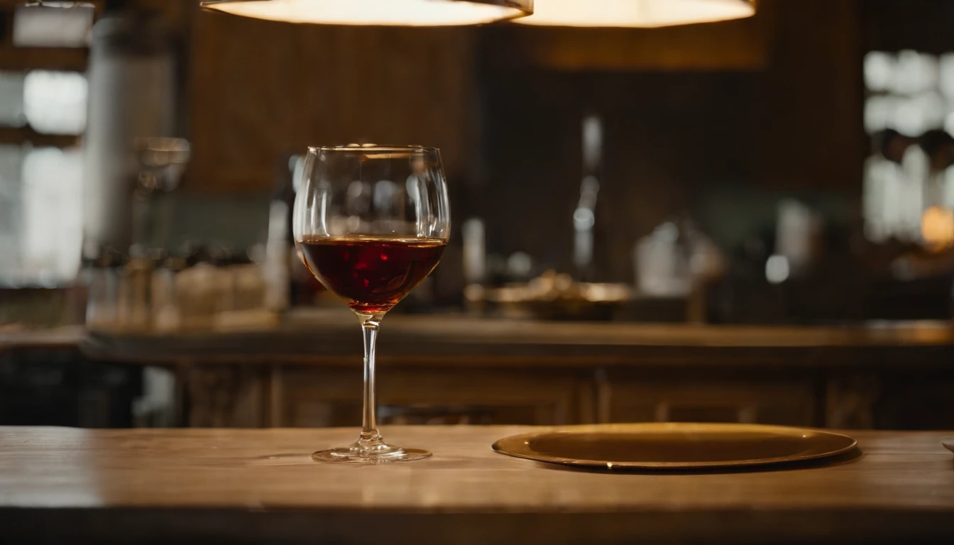 （Pouring the laurel sweet alcohol），show the process of pouring wine，Close-up 30-degree, ((elevation angle))，Golden amber wine body，warm lights，glass，iced，Wooden table base，best qualtiy