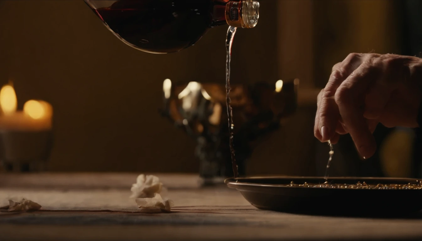 (Pouring the laurel sweet alcohol),show the process of pouring wine,Close-up 30-degree, ((elevation angle)),Golden amber wine body,warm lights,glass,iced,Wooden table base,best qualtiy