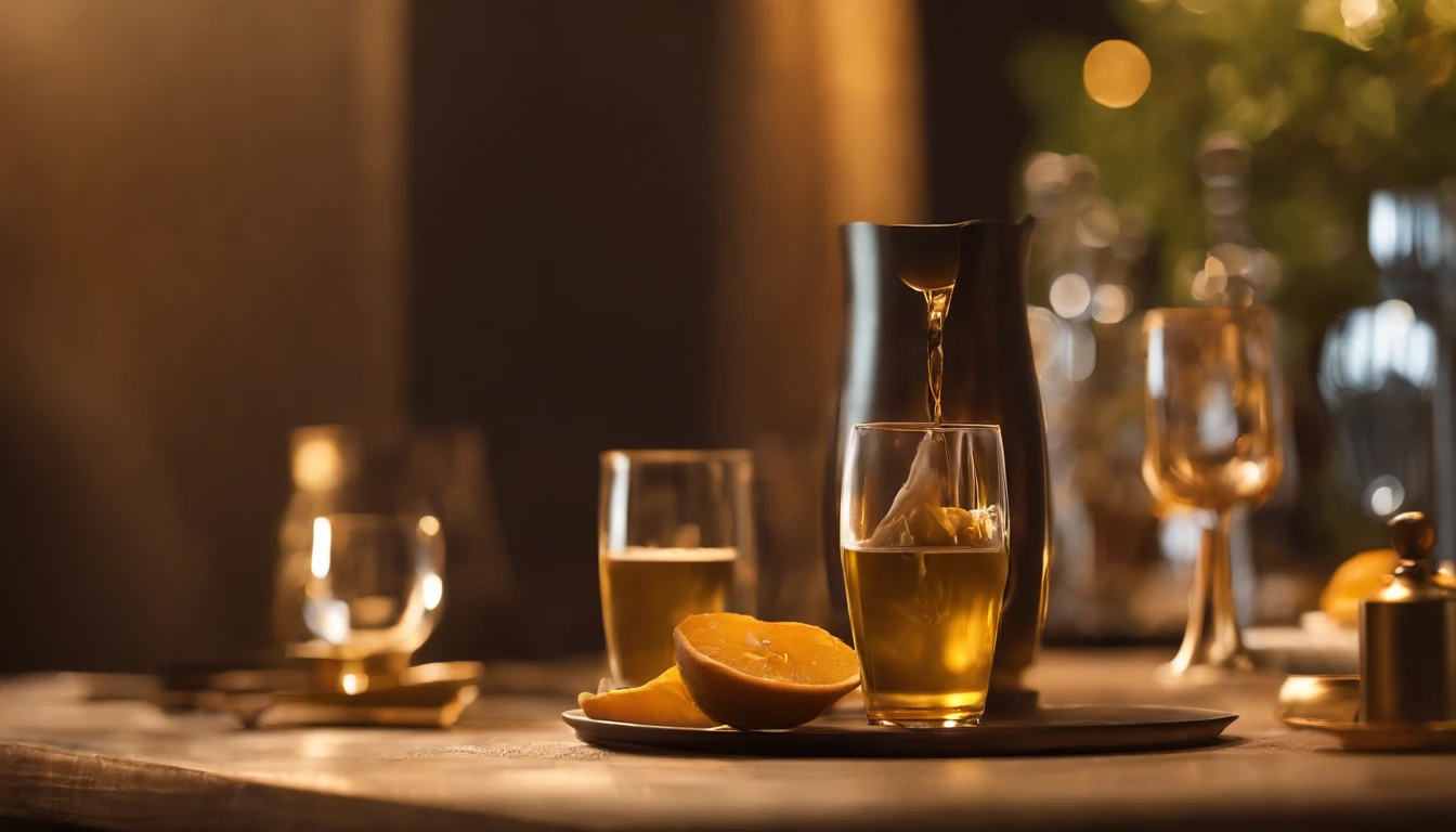 (Pouring the laurel sweet alcohol),show the process of pouring wine,Close-up 30-degree, ((elevation angle)),Golden amber wine body,warm lights,glass,iced,Wooden table base,best qualtiy