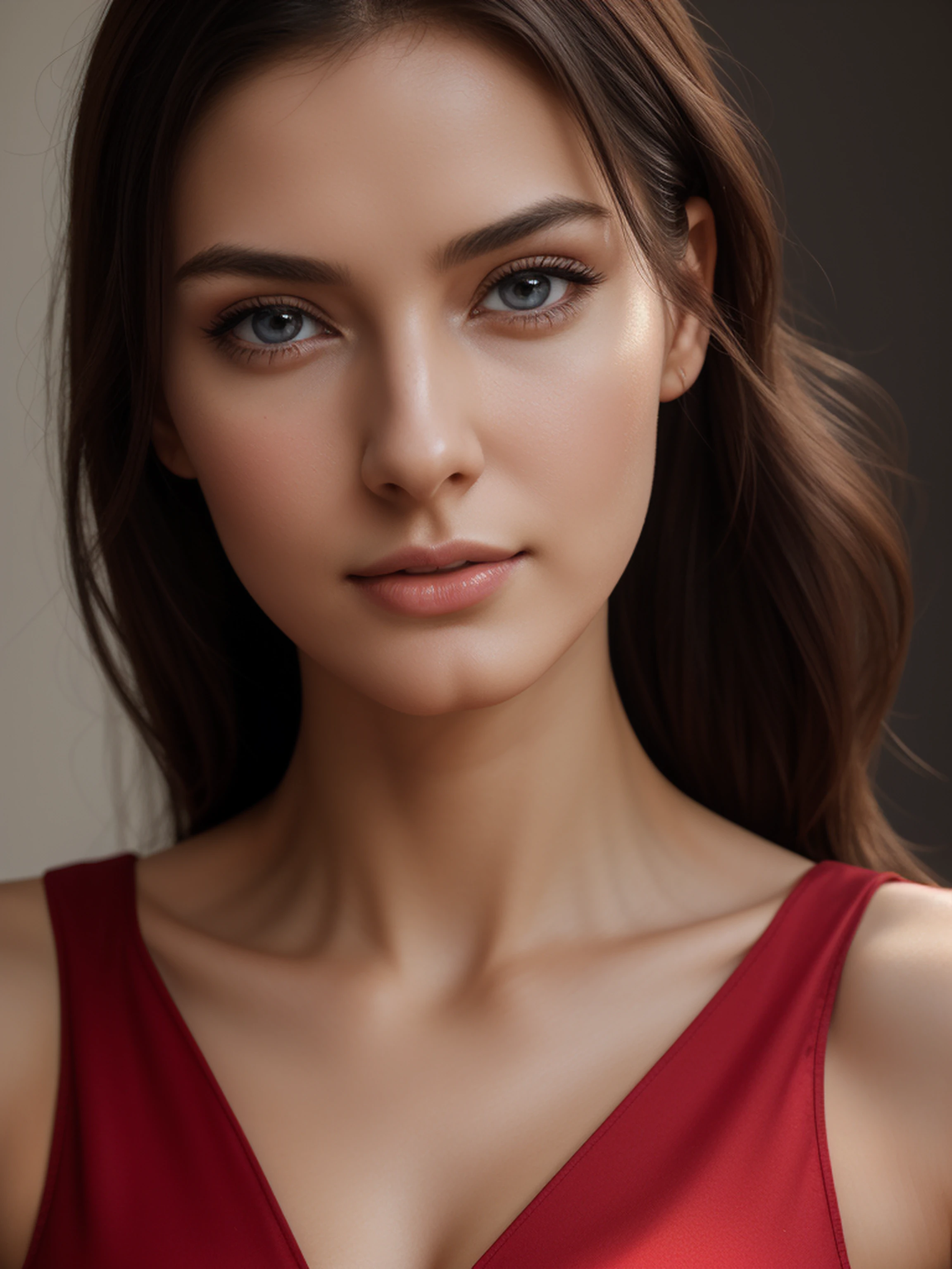 ((facial portraits, upper-body, close-up)),(best quality,4k,8k,highres,masterpiece:1.2),ultra-detailed,(realistic,photorealistic,photo-realistic:1.37),(1girl),(18years old),(((irene1:1.2))),(((Excella_er5:1.2))),(sharp focus:1.5),pearl skin,(skin pores:1.1),extremely detailed face and skin texture,(skin texture:1.1),black hair,tall and slender body,(192cm tall),thin and delicate figure,graceful posture,strong and defined muscles,flawless skin,defined abs,perfect curves,feminine appearance,embodying elegance and beauty,cleavage breasts,((wearing a (red) shirt dress)),vibrant color,extremely detailed and realistic clothes,(colorful),(film grain:1.3), colorful lighting,expressive faces,vivid eyes,dynamic poses,dramatic chiaroscuro,professional studio settings,creative composition,soft pastel colors,glowing highlights,subtle shadows,emotional expressions,authentic emotions,insta-worthy,high-fashion styles,lively backgrounds,individual character traits,unique personalities,powerful gazes,precise facial features,life-like hair textures,surreal elements,dreamy atmosphere,masterful brushstrokes,instantly captivating,mesmerizing gaze,natural beauty,realistic lighting effects,capturing the essence of the subject,unforgettable expressions.
