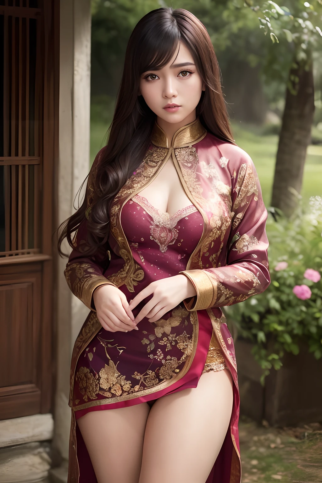 (photo:1.2),((photorealistic:1.4))best quality ,masterpiece, illustration, an extremely delicate and beautiful, extremely detailed ,CG ,unity ,8k wallpaper, Amazing, finely detail, masterpiece,best quality,official art,extremely detailed CG unity 8k wallpaper,absurdres, incredibly absurdres, huge filesize, ultra-detailed, highres, extremely detailed,beautiful detailed girl, extremely detailed eyes and face, beautiful detailed eyes,light on face,cinematic lighting,full body,full-body shot,1girl,see-through,outdoors, batik, kebaya, Indonesia