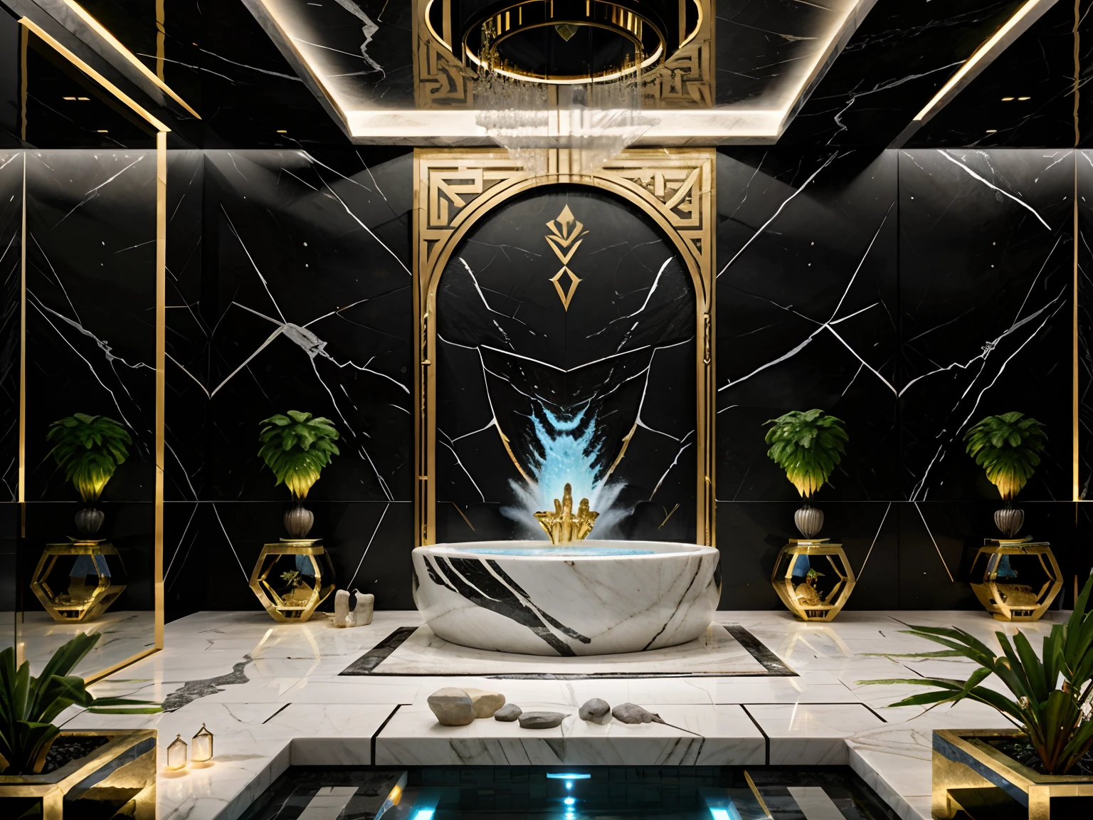 incredible luxurious futuristic interior bedroom with jacuzzi in Ancient Vietnamese style with many ((lush plants)) (lotus flowers), ((palm trees)), rocky walls, (sand), ((amazing waterfalls)), (marble), ((precious minerals)), ((metals)), (gemstones), crystals, clouds and ((water)), futuristic luxury furniture, crocodiles, ((hieroglyphics)), (((ultra luxury))), (black marble) – with ((beautiful lights)), Unreal Engine, HQ, 16k