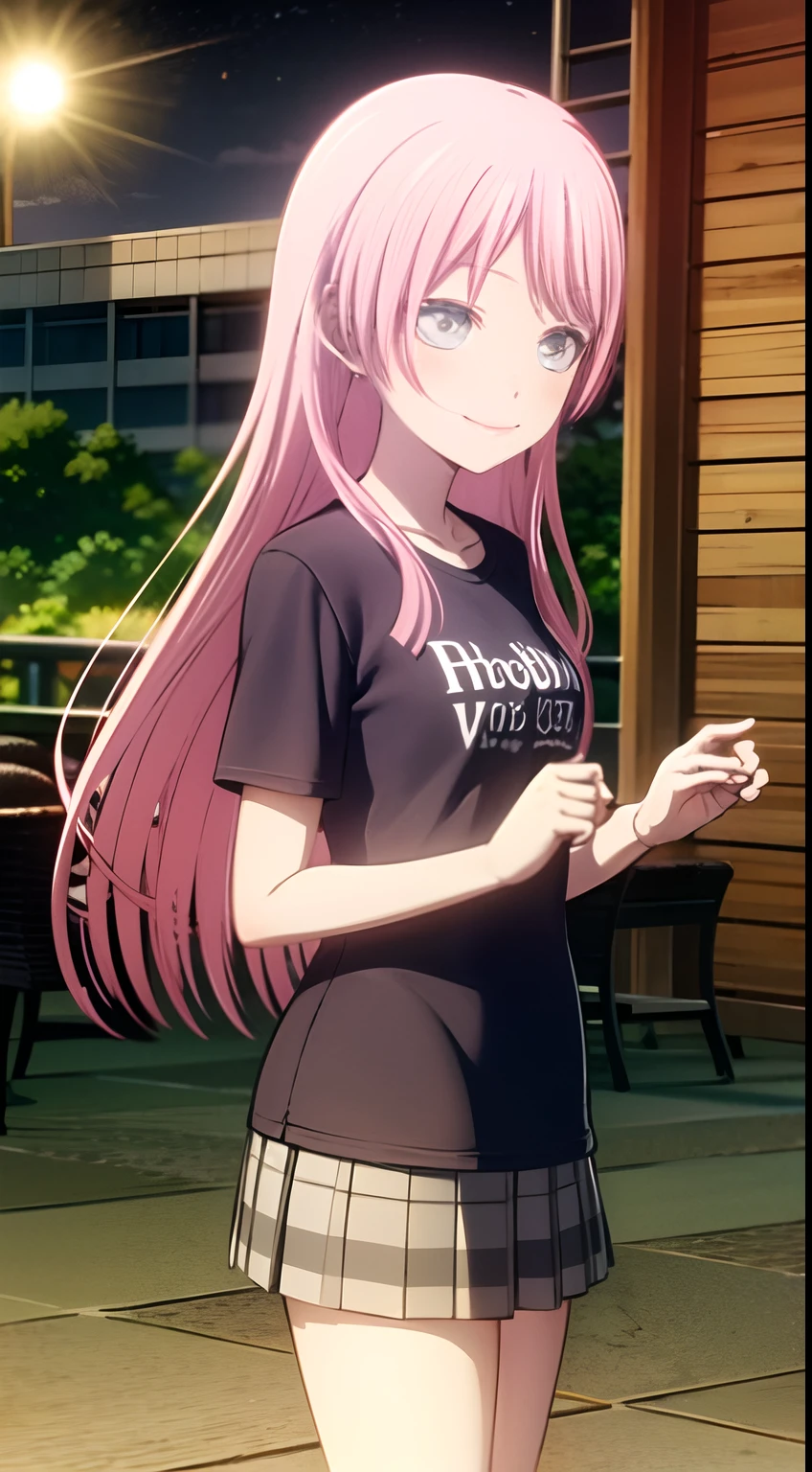 anon_chihaya, bang_dream, solo, long_hair, pink_hair, grey_eyes, open_mount, smiling, winking_eye, t-shirt,city, midnight, masterpiece.