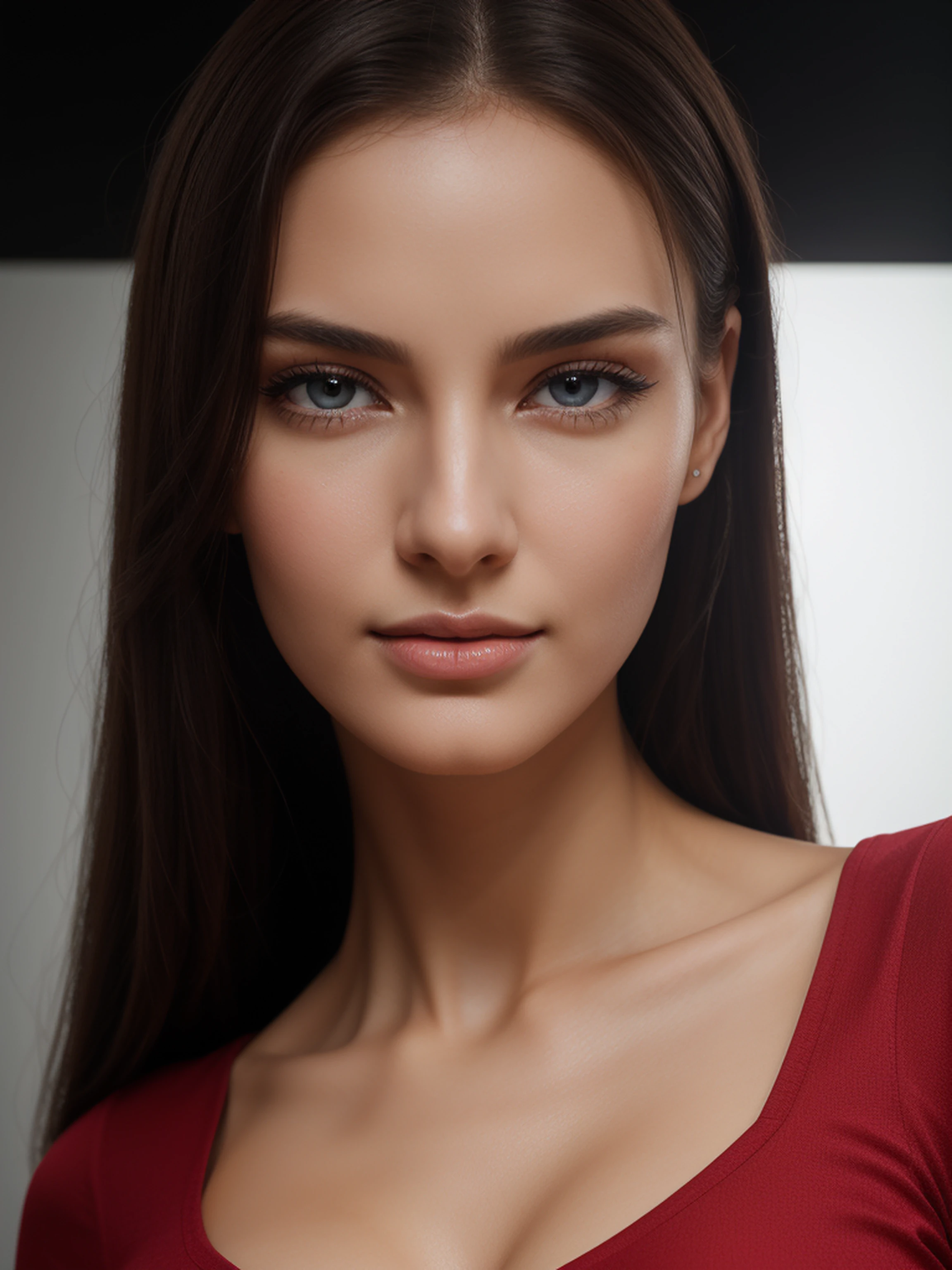 ((facial portraits, upper-body, close-up)),(best quality,4k,8k,highres,masterpiece:1.2),ultra-detailed,(realistic,photorealistic,photo-realistic:1.37),(1girl),(18years old),(((irene1:1.2))),(((Excella_er5:1.2))),(sharp focus:1.5),pearl skin,(skin pores:1.1),extremely detailed face and skin texture,(skin texture:1.1),black hair,tall and slender body,(192cm tall),thin and delicate figure,graceful posture,strong and defined muscles,flawless skin,defined abs,perfect curves,feminine appearance,embodying elegance and beauty,cleavage breasts,((wearing a (red) shirt dress)),vibrant color,extremely detailed and realistic clothes,(colorful),(film grain:1.3), colorful lighting,expressive faces,vivid eyes,dynamic poses,dramatic chiaroscuro,professional studio settings,creative composition,glowing highlights,subtle shadows,emotional expressions,authentic emotions,insta-worthy,high-fashion styles,lively backgrounds,individual character traits,unique personalities,powerful gazes,precise facial features,life-like hair textures,surreal elements,dreamy atmosphere,masterful brushstrokes,instantly captivating,mesmerizing gaze,natural beauty,realistic lighting effects,capturing the essence of the subject,unforgettable expressions.