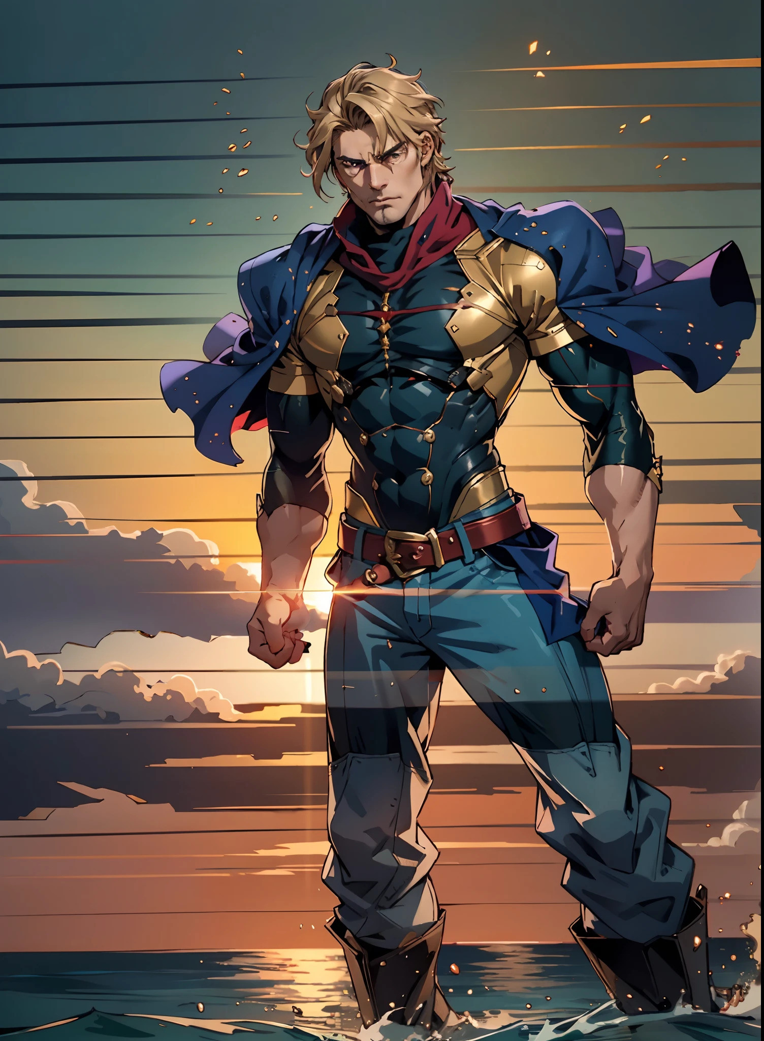 A middle-aged man with short golden hair, thick and tousled hair, a stern look, sharp eyes, well-defined facial features, a strong physique, he wears a short cape that flutters in the wind, a tight-fitting fantasy-style outfit, primarily in shades of blue-purple, accented by touches of orange-red and white, a gold belt with red jewels, matching trousers, the backdrop of a raging sea battle scene, a scene of intense naval warfare unfolds, this character embodies a finely crafted fantasy-style formidable maritime overlord in anime style, characterized by an exquisite and mature manga illustration art style, high definition, best quality, highres, ultra-detailed, ultra-fine painting, extremely delicate, professional, anatomically correct, symmetrical face, extremely detailed eyes and face, high quality eyes, creativity, RAW photo, UHD, 8k, Natural light, cinematic lighting, masterpiece:1.5